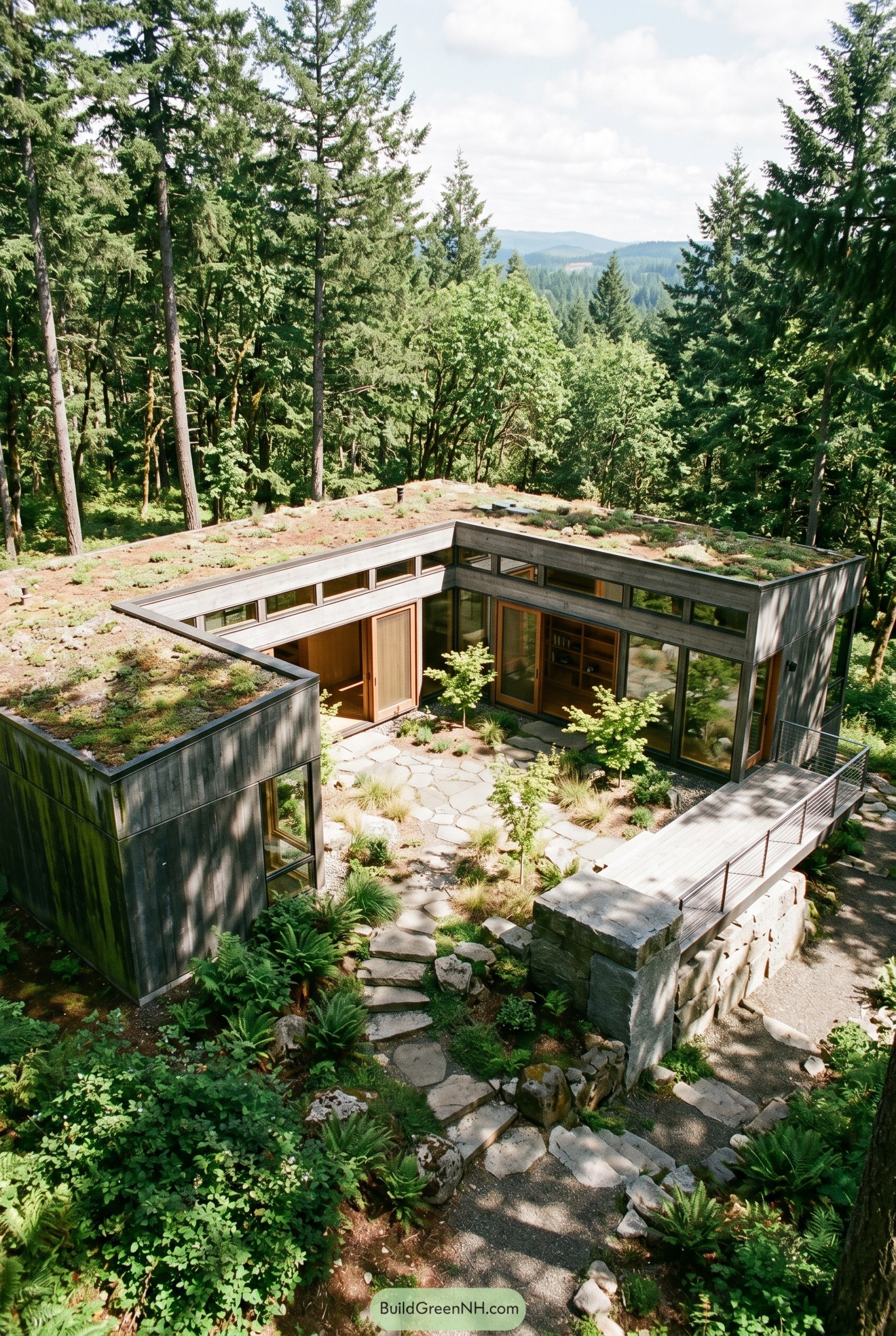 Single story courtyard home with planted roof in woods