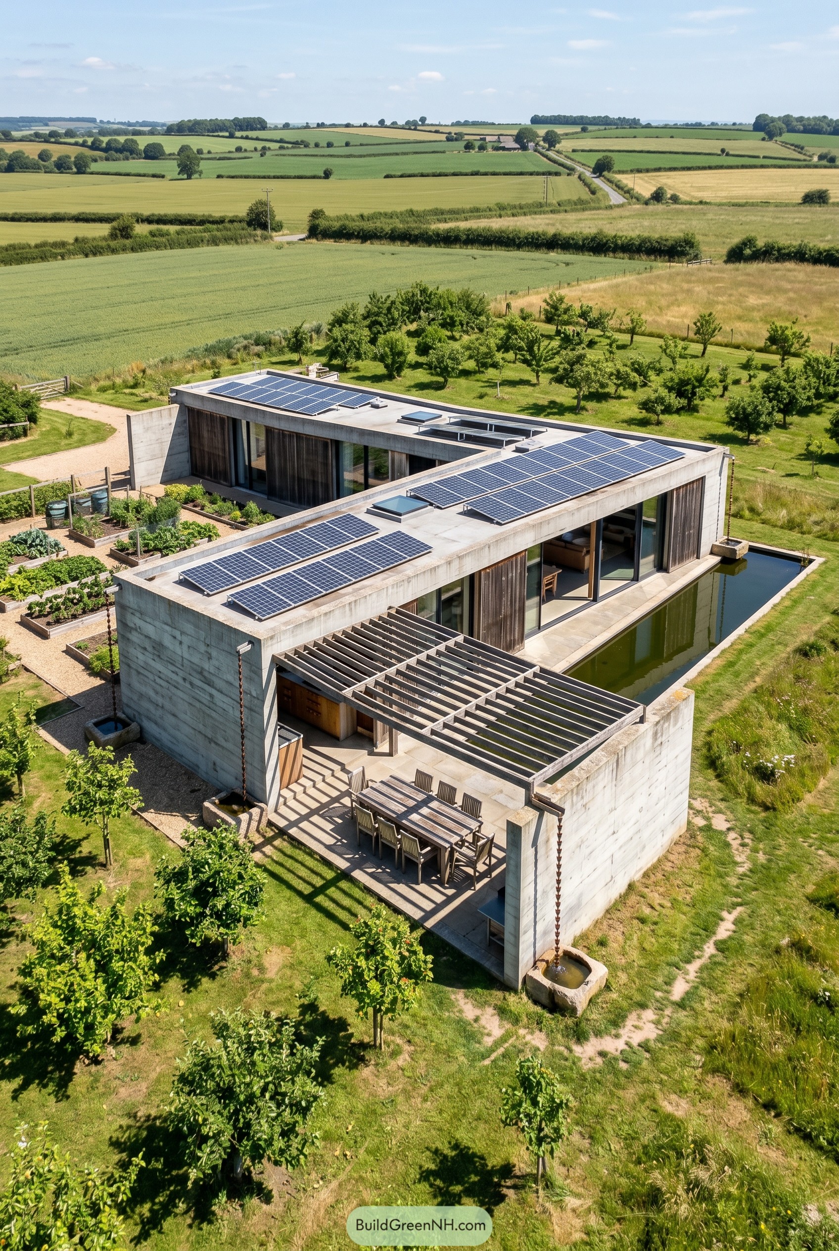 Concrete eco brutalist home with solar roof and reflecting pool