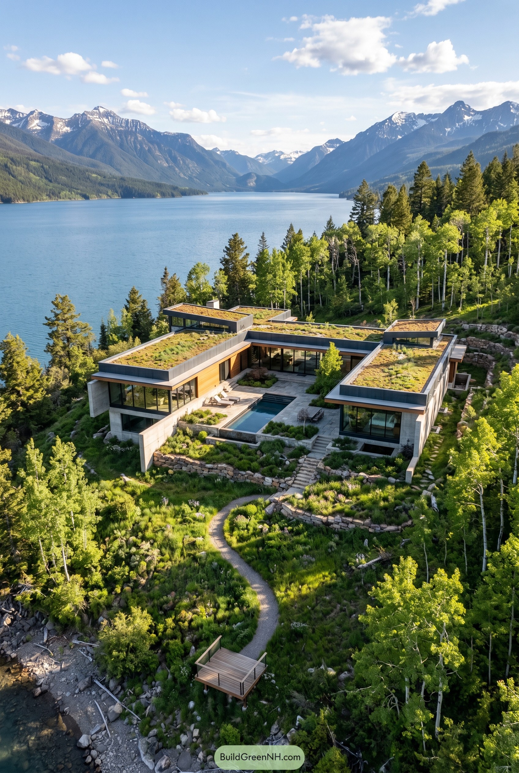 Eco brutalist lakeside house with green roofs and courtyard pool