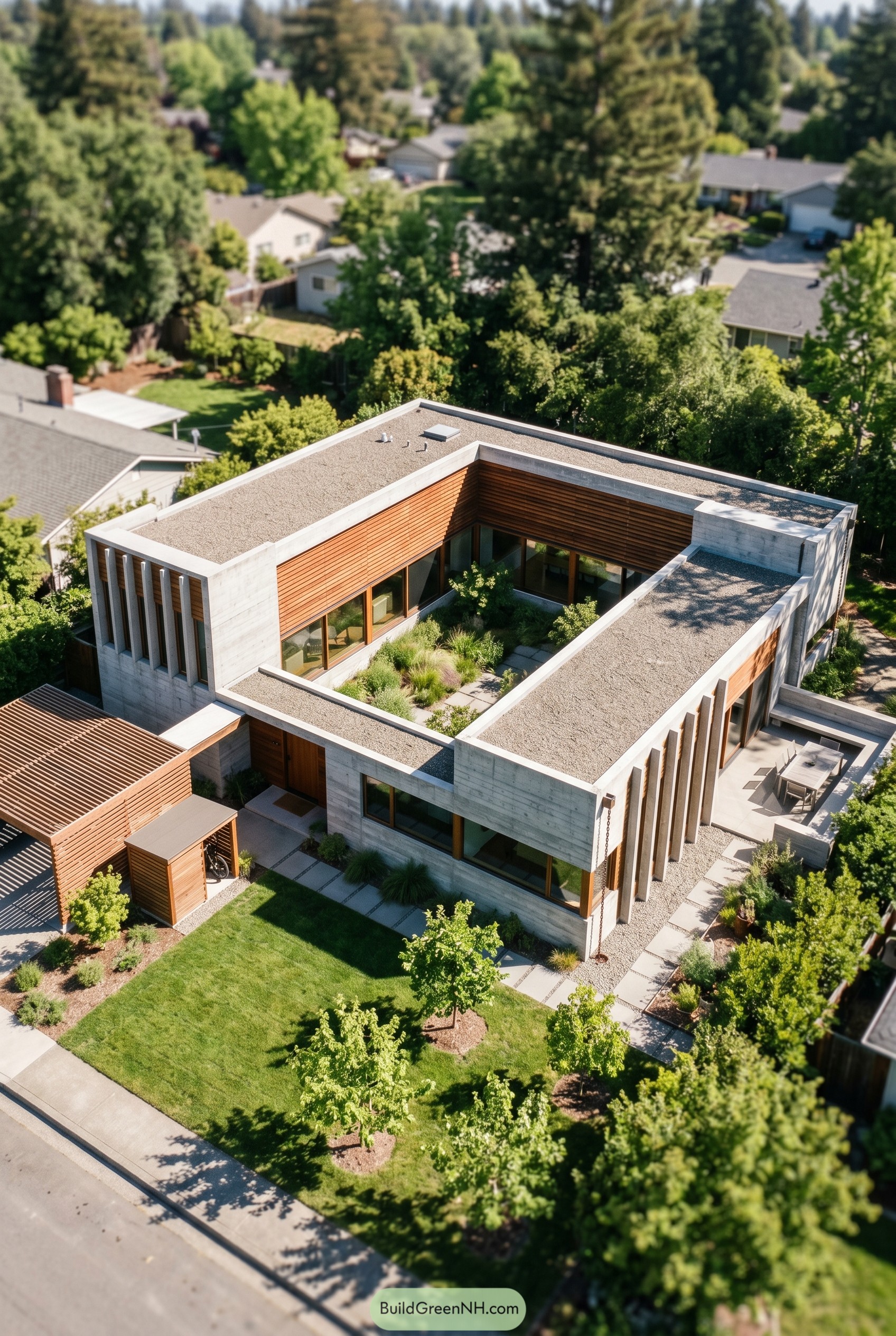 Aerial view of a concrete and cedar courtyard house