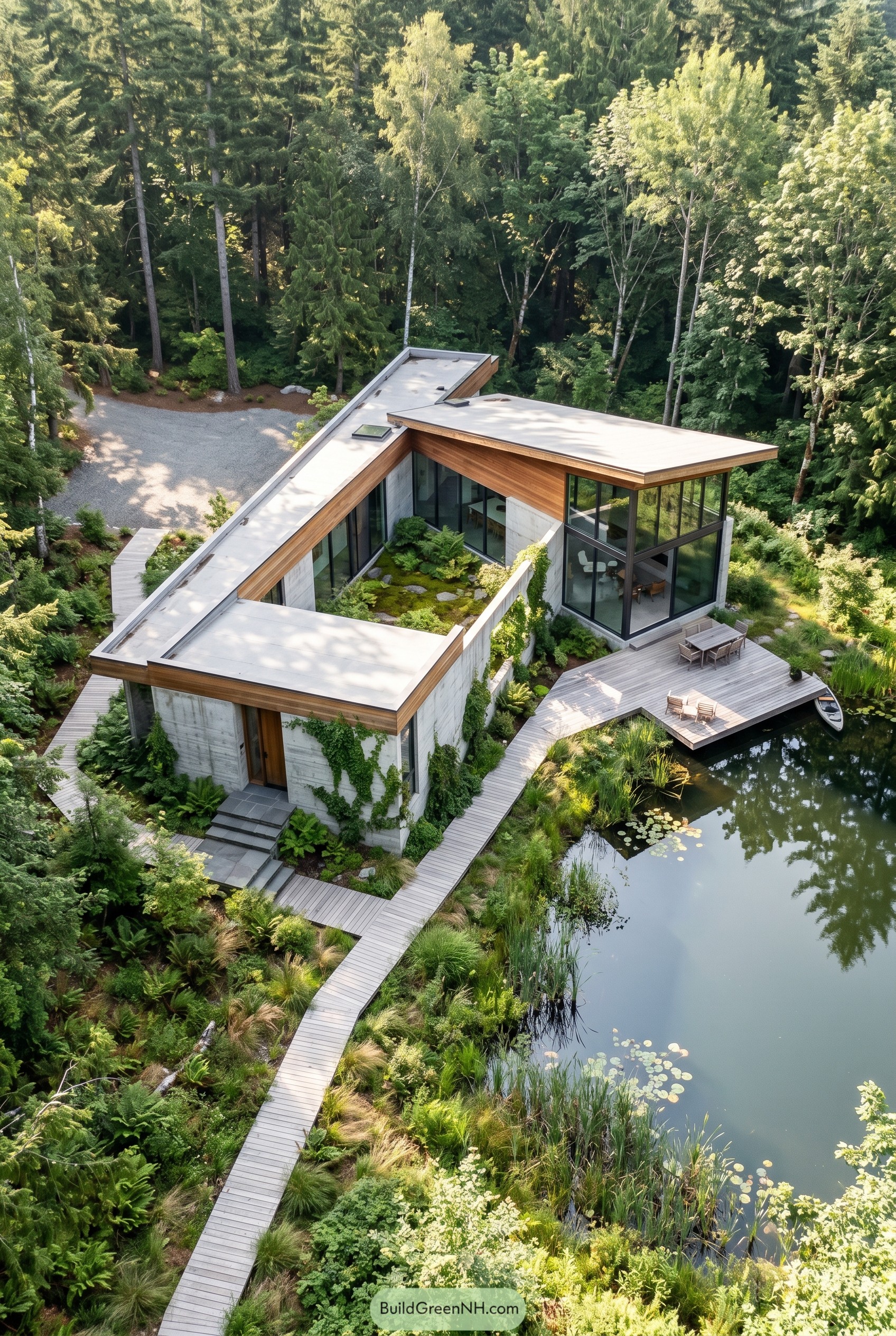 Single story concrete home beside a pond with boardwalk and dock