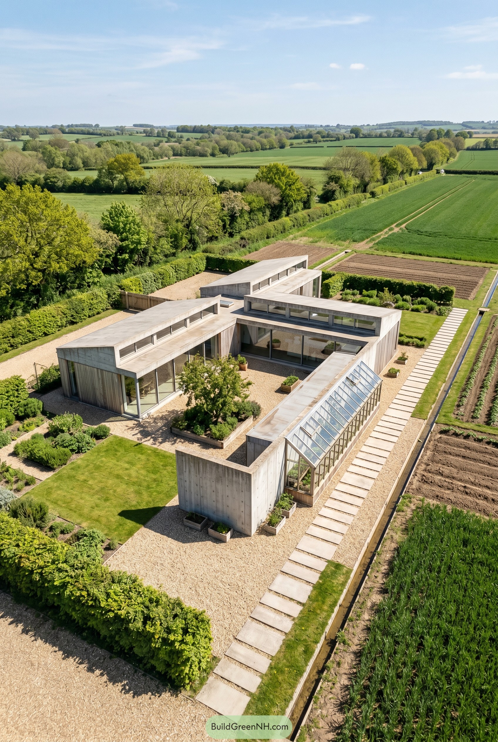 Aerial view of a single story brutalist farm house with courtyard and greenhouse