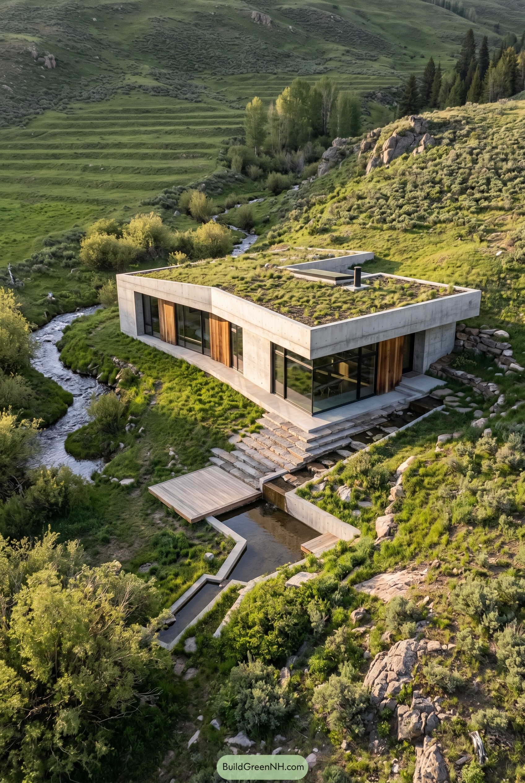 Single story concrete house with a green roof beside a winding creek