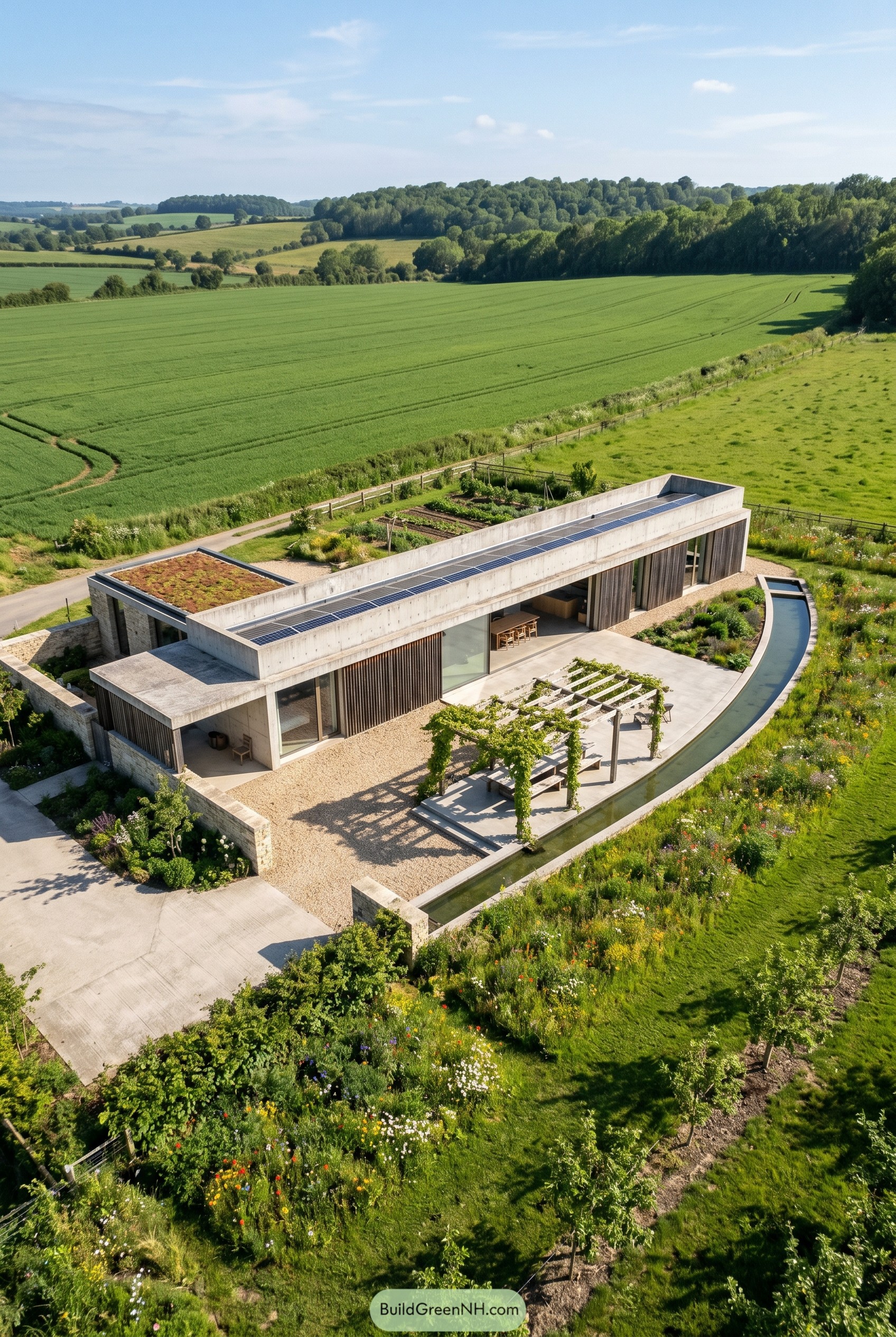 Single story concrete eco house with solar roof and water channel