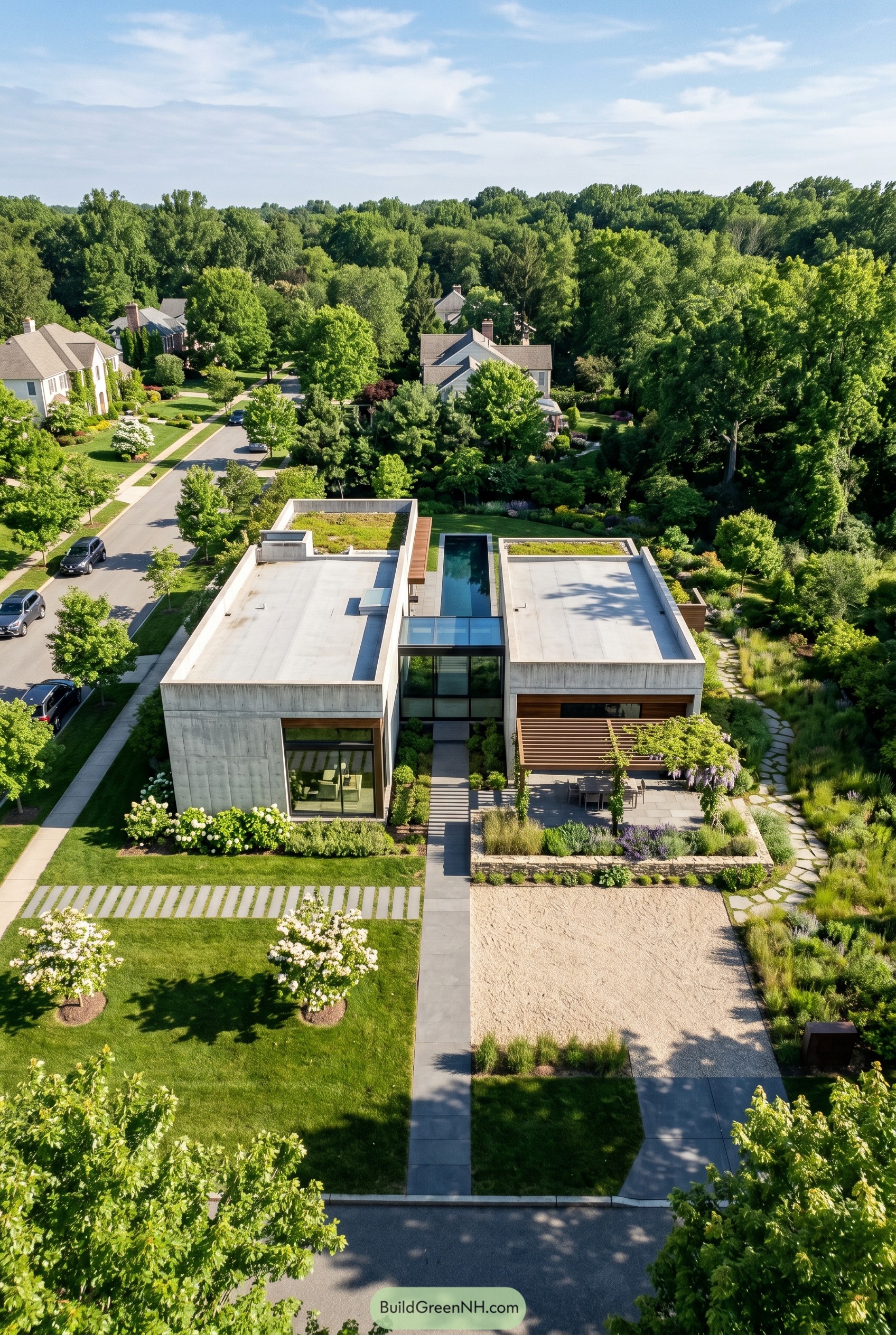 Aerial view of a concrete single story home with roof gardens and a central lap pool