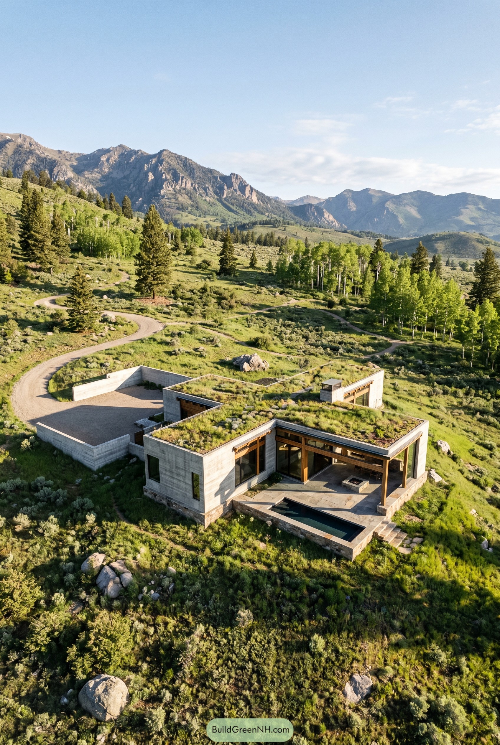Single story concrete villa with living roofs and plunge pool