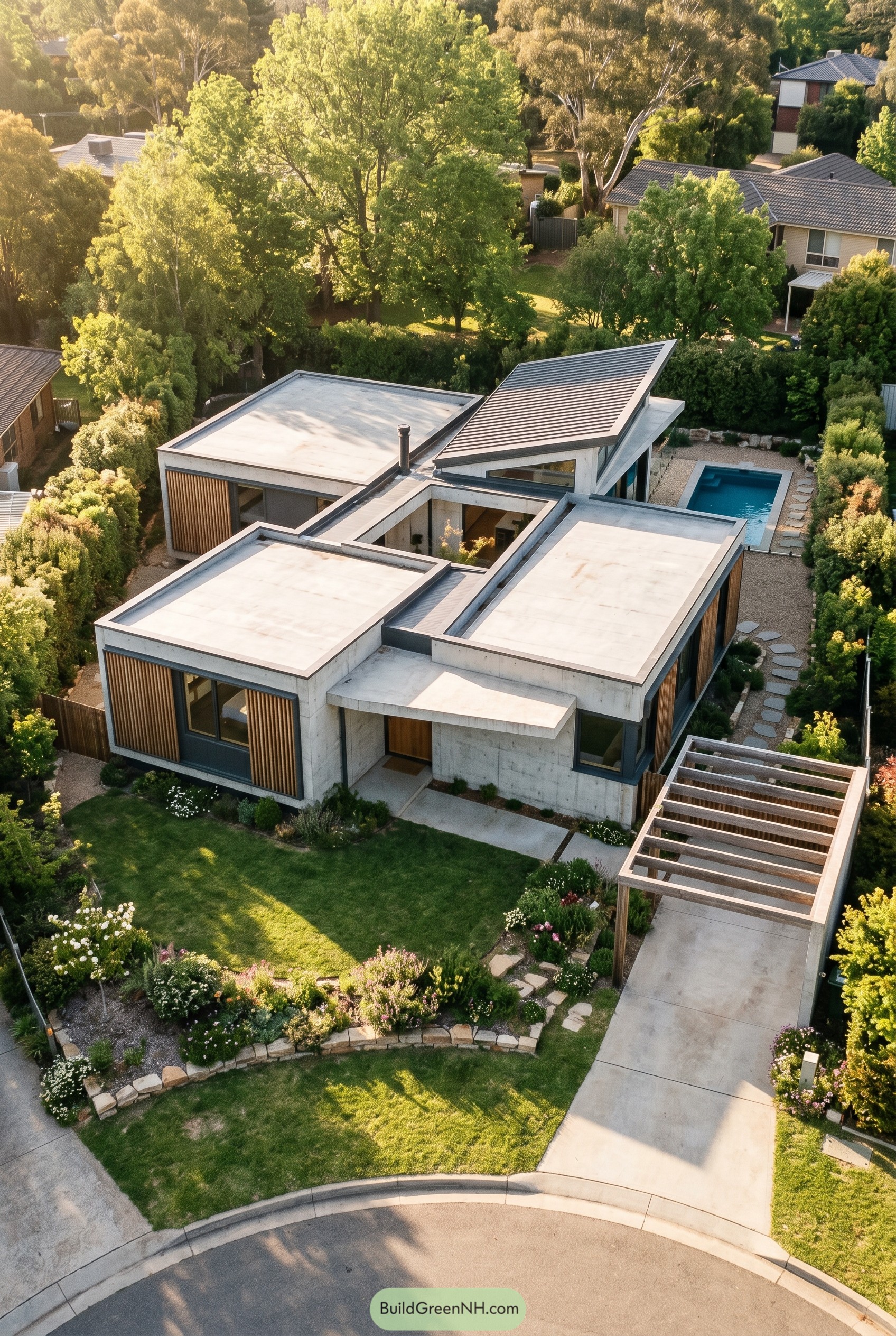 Single story concrete home with courtyard and pool