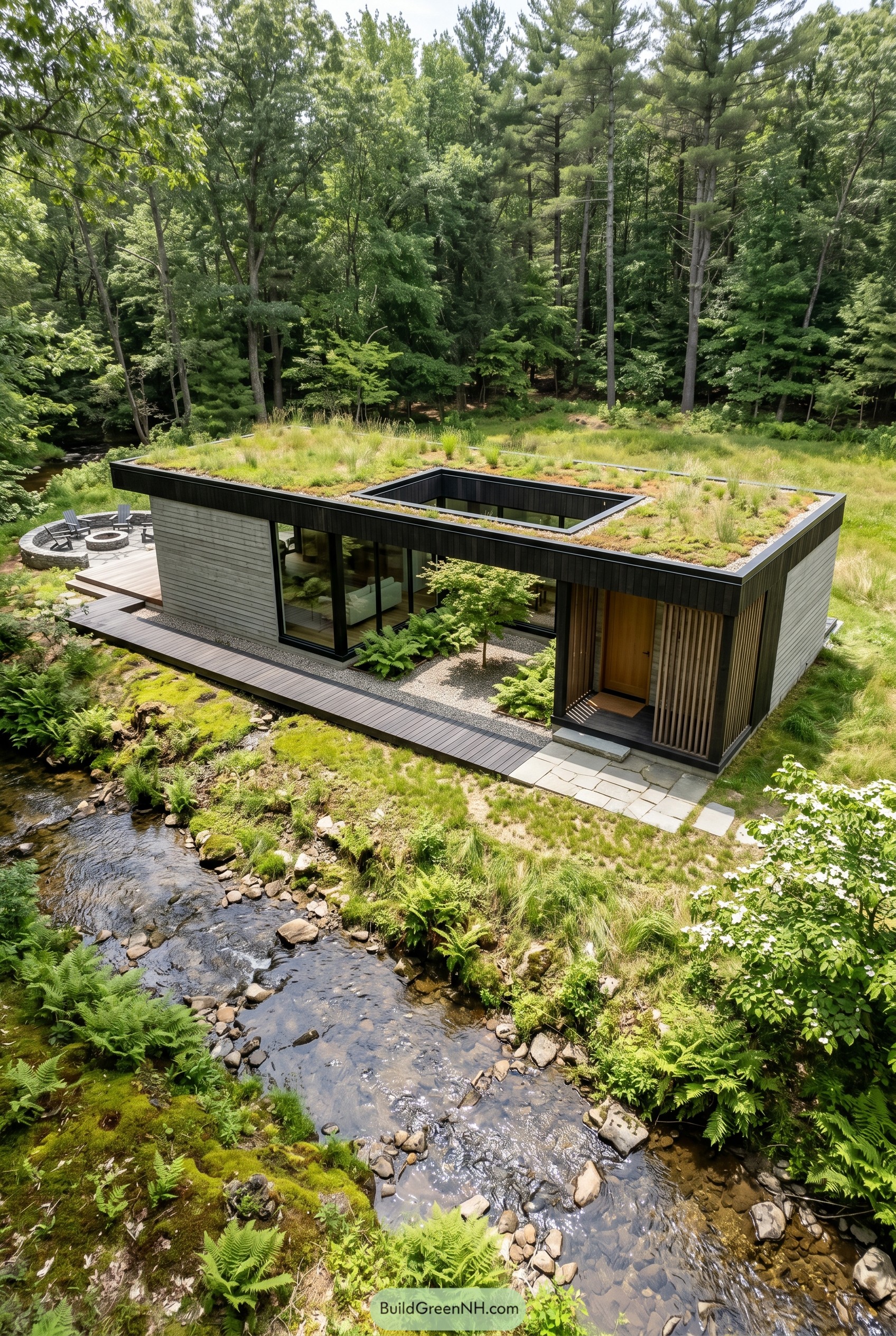 Single story eco brutalist house with green roof beside a forest stream