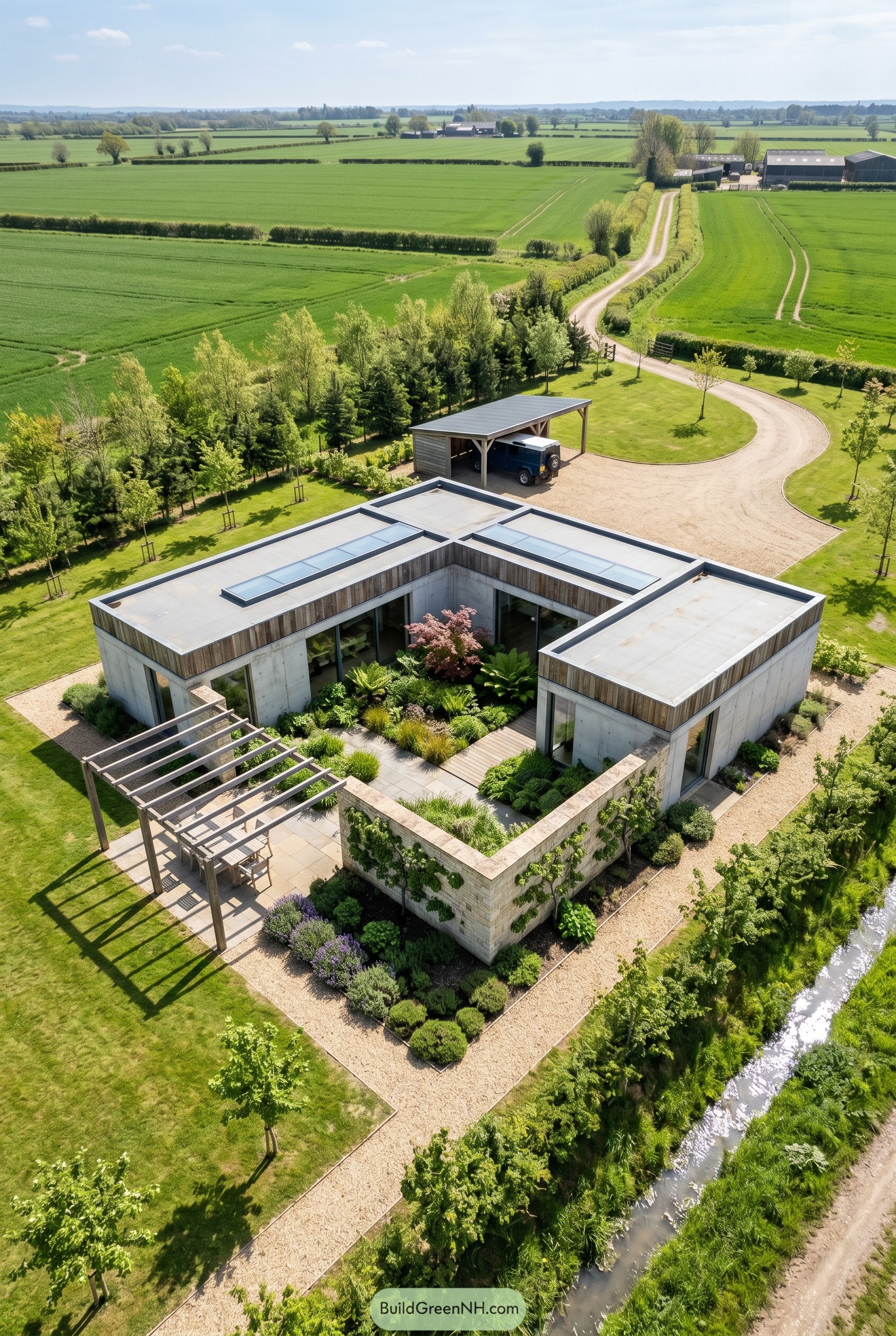 Aerial view of a concrete courtyard house beside fields and a stream
