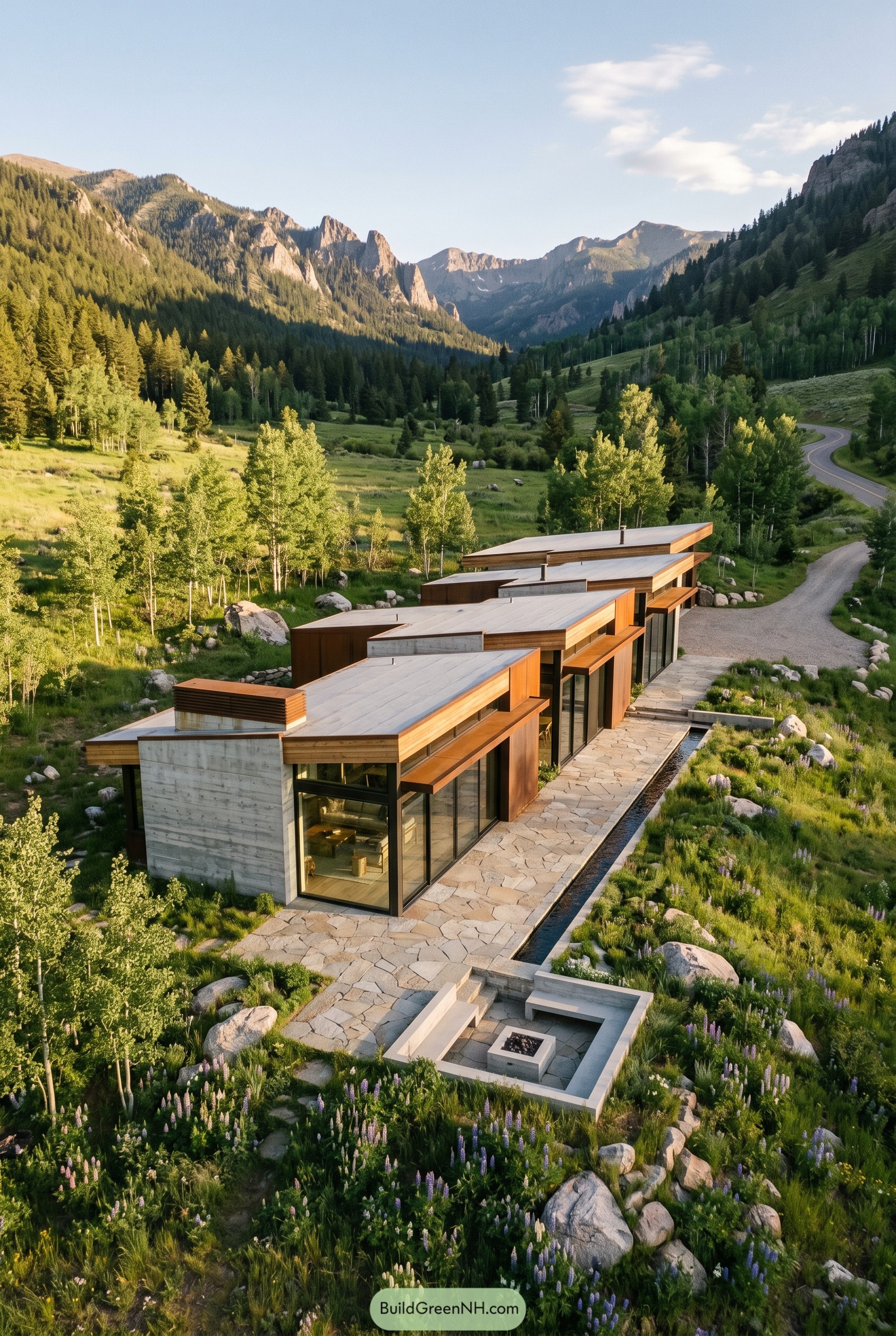 Single story concrete and timber home in a mountain valley