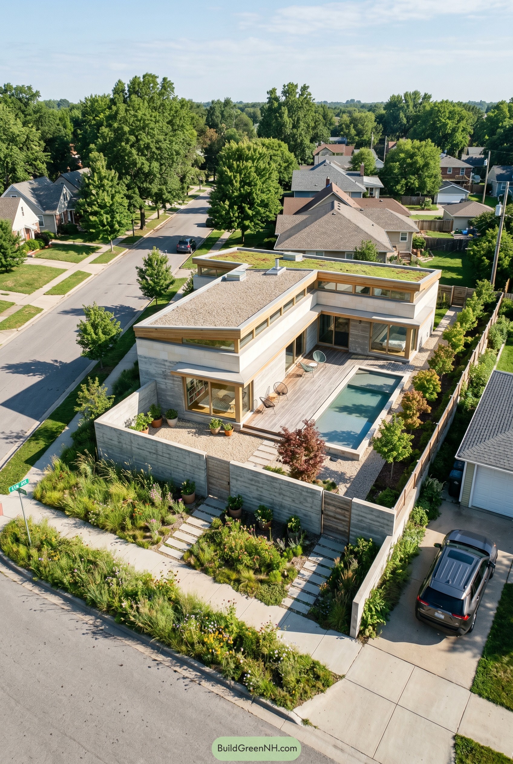 Single story concrete house with green roof and lap pool