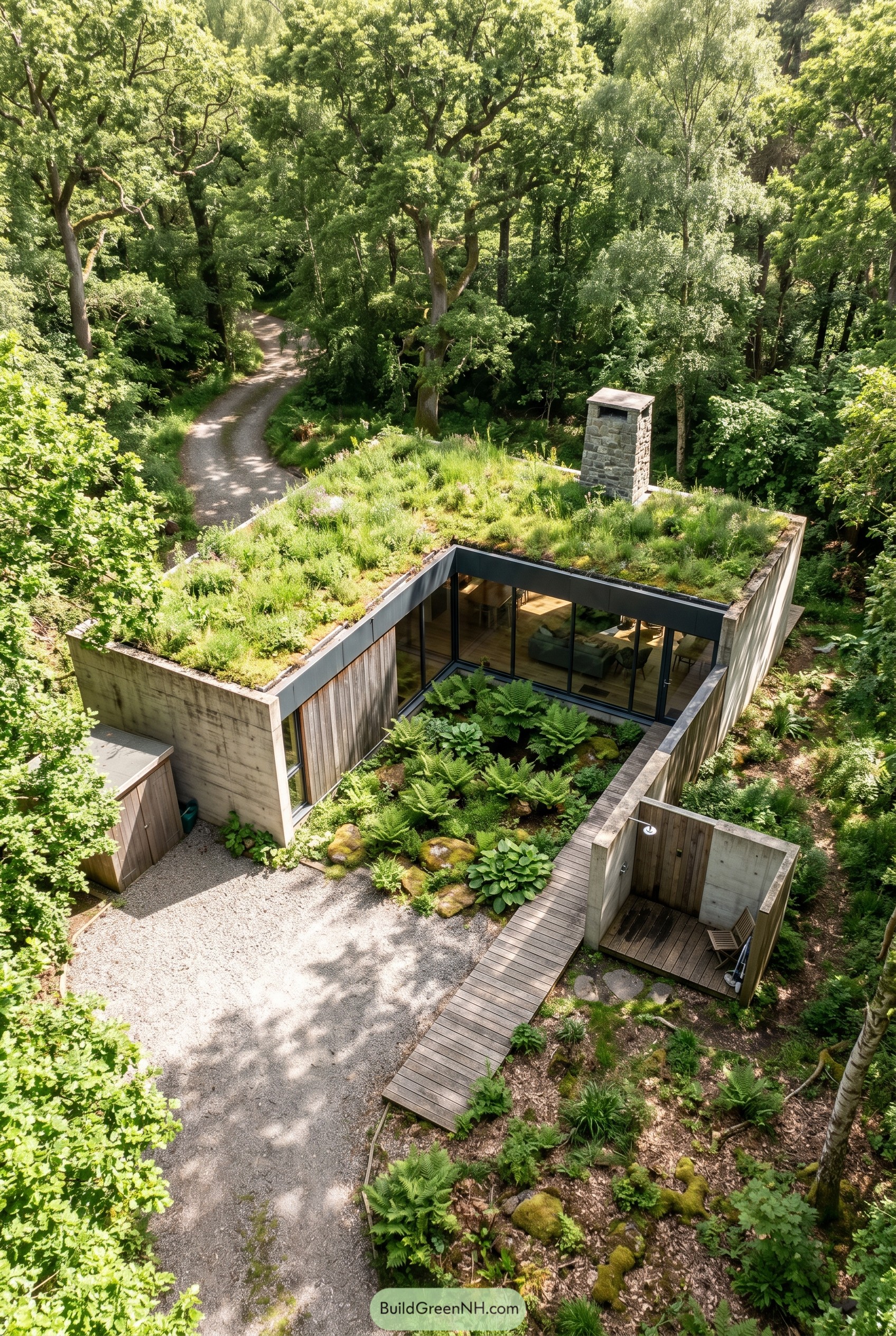 Single story concrete and timber house with green roof courtyard in dense woods