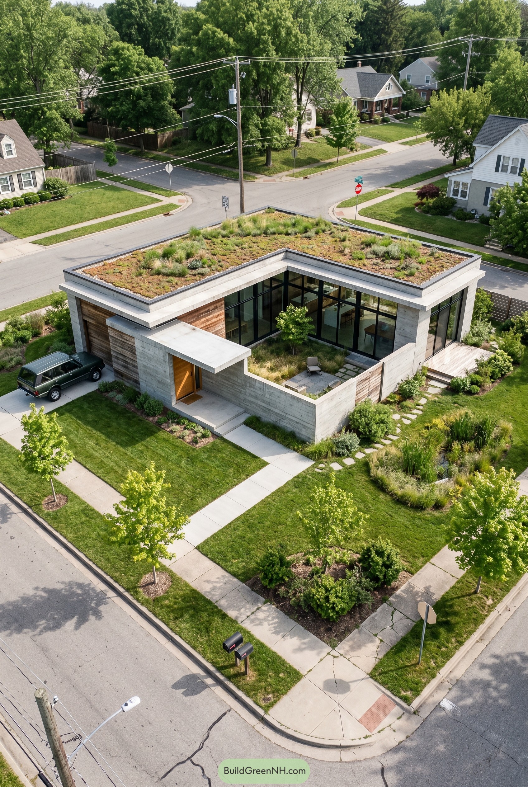 Single story concrete home with green roof and courtyard