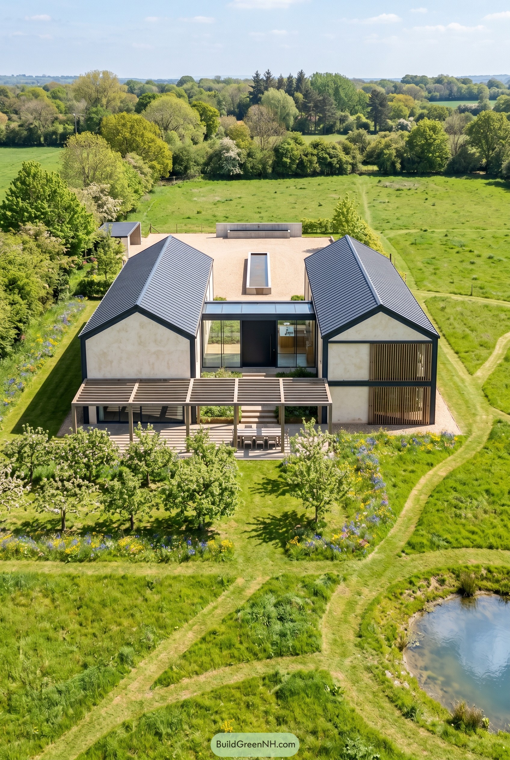 Modern twin gable house with wood pergola in a meadow