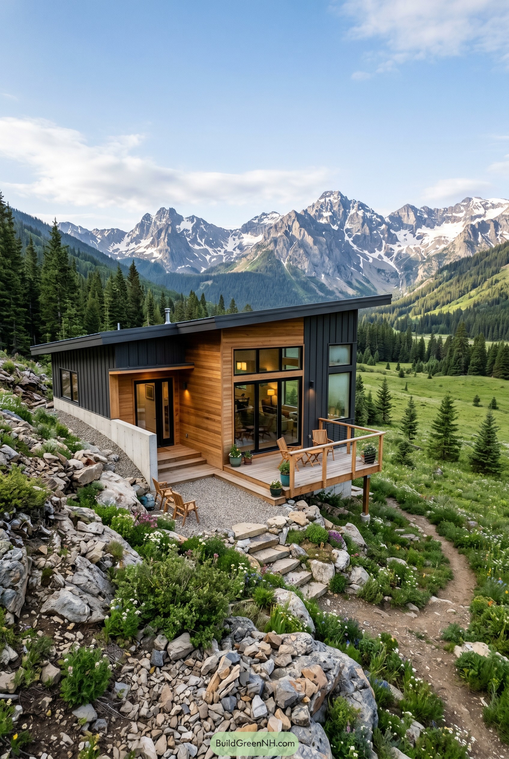 Single story modern house with wood accents on a rocky mountain slope