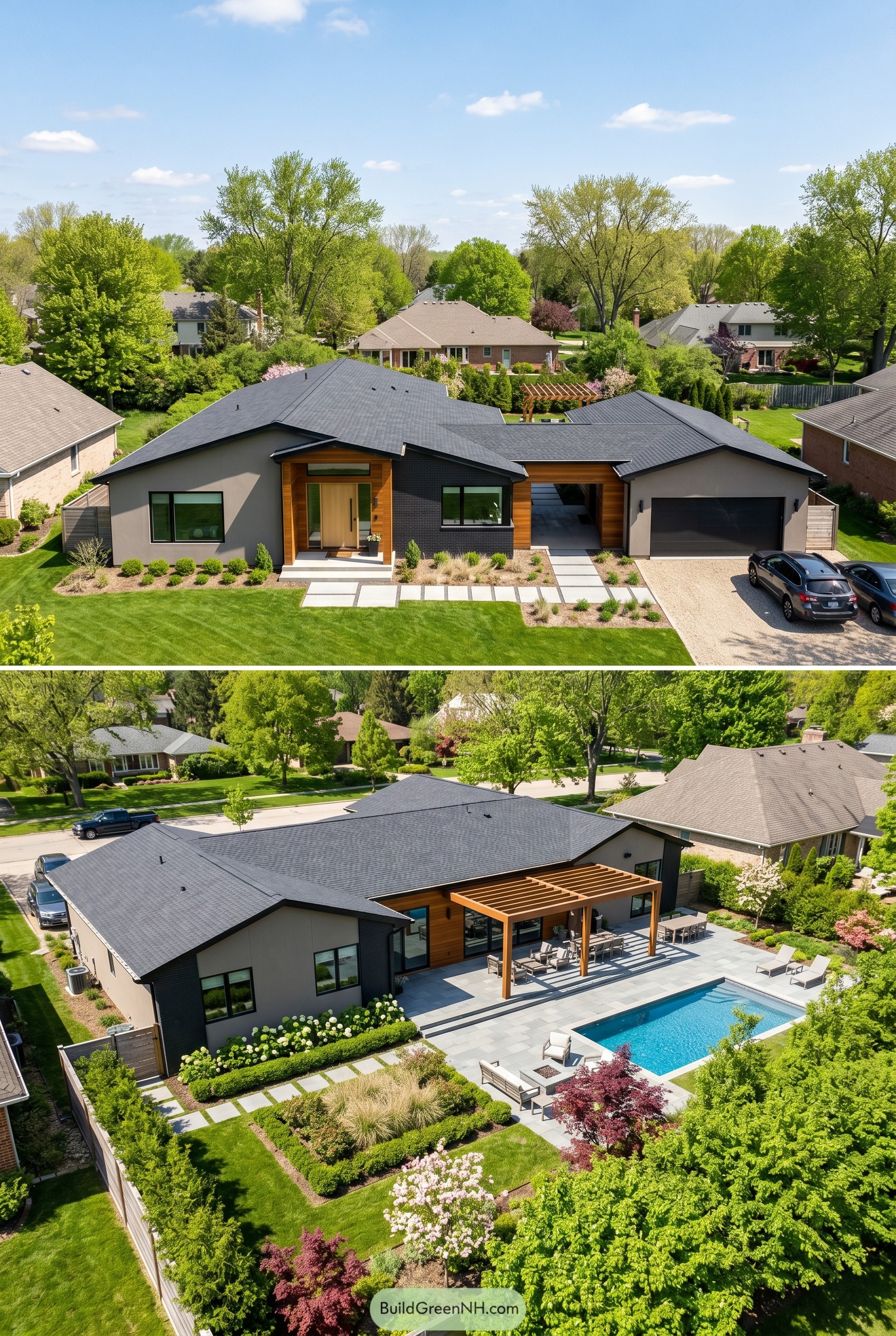 Single story modern house with wood accents and pool