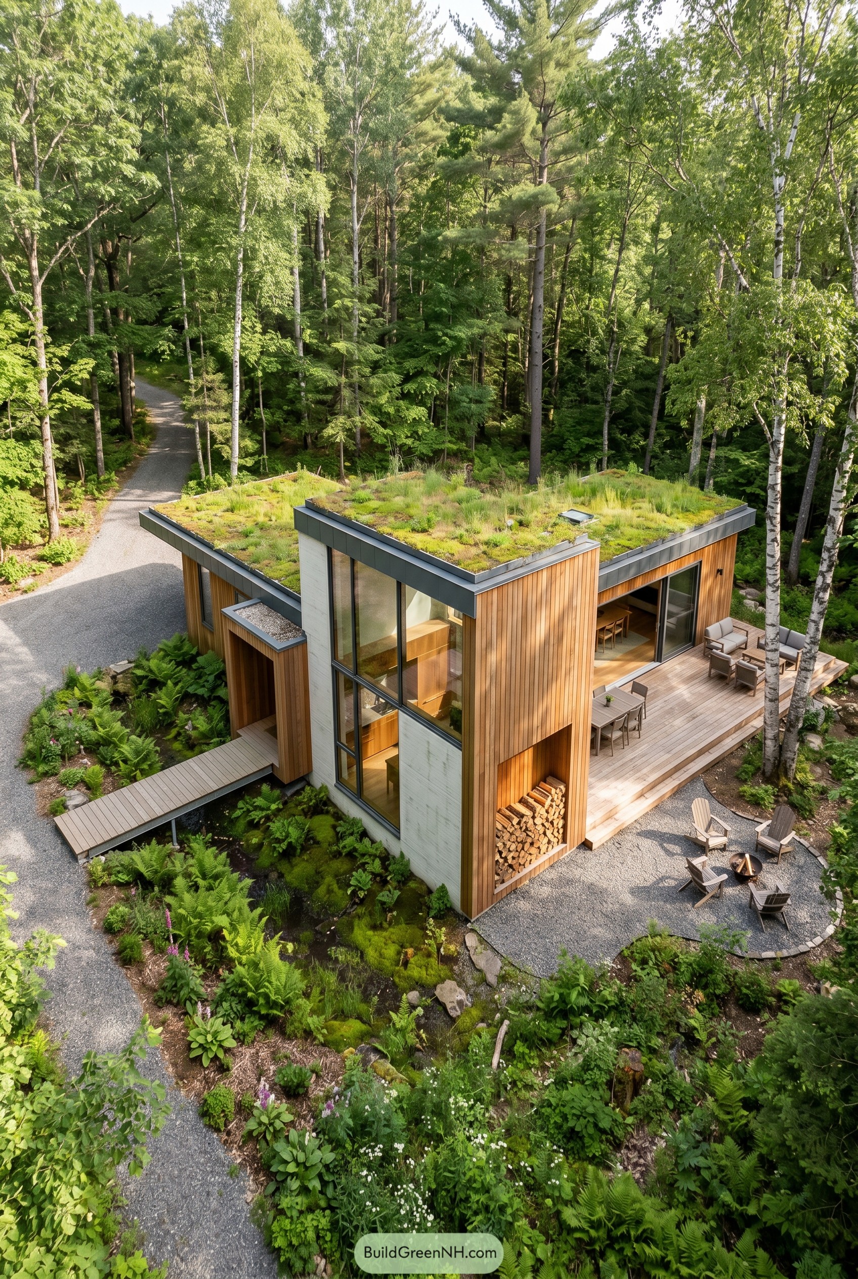 Wood clad modern cabin with green roof in woods