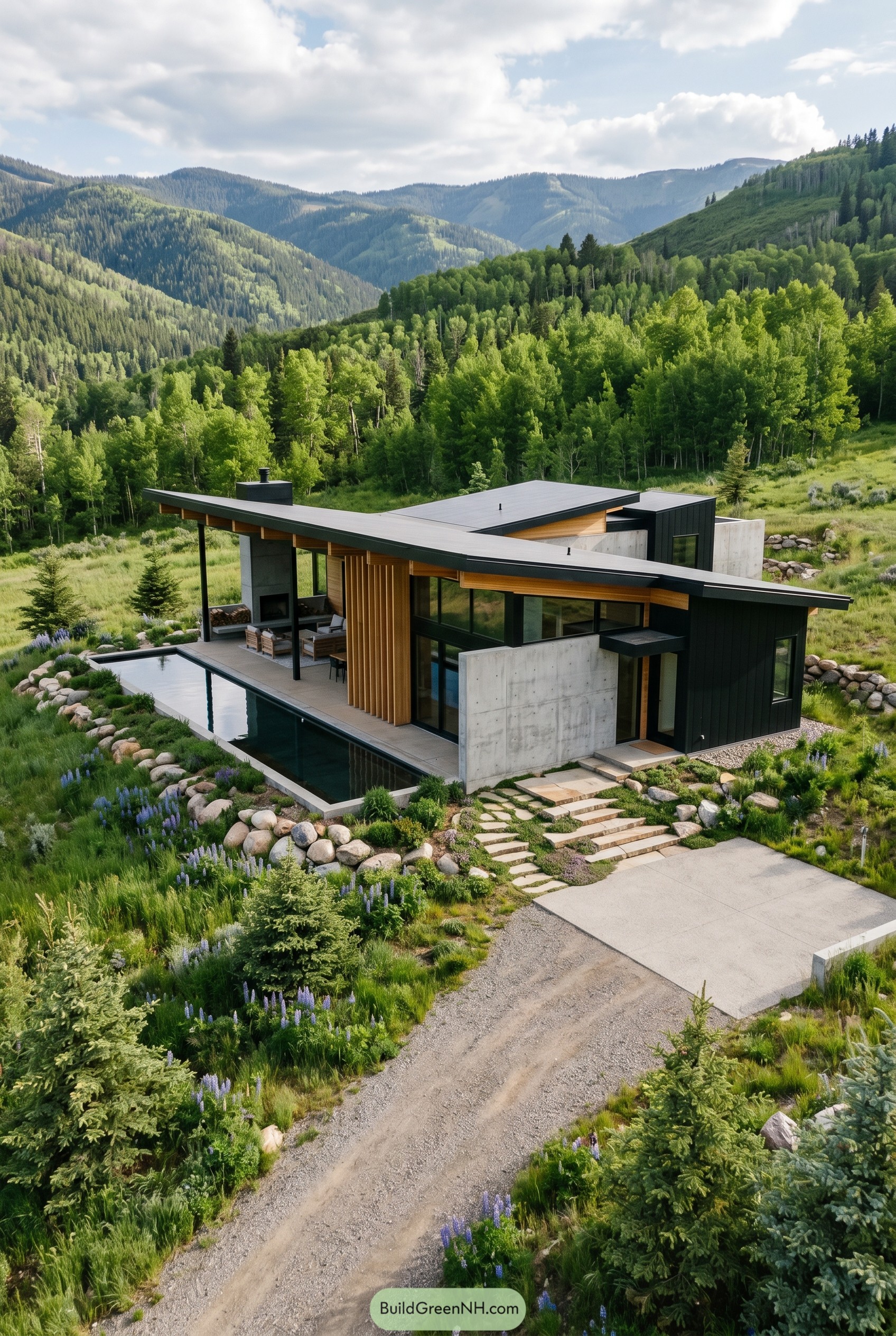 Single story black and wood modern house in a mountain meadow