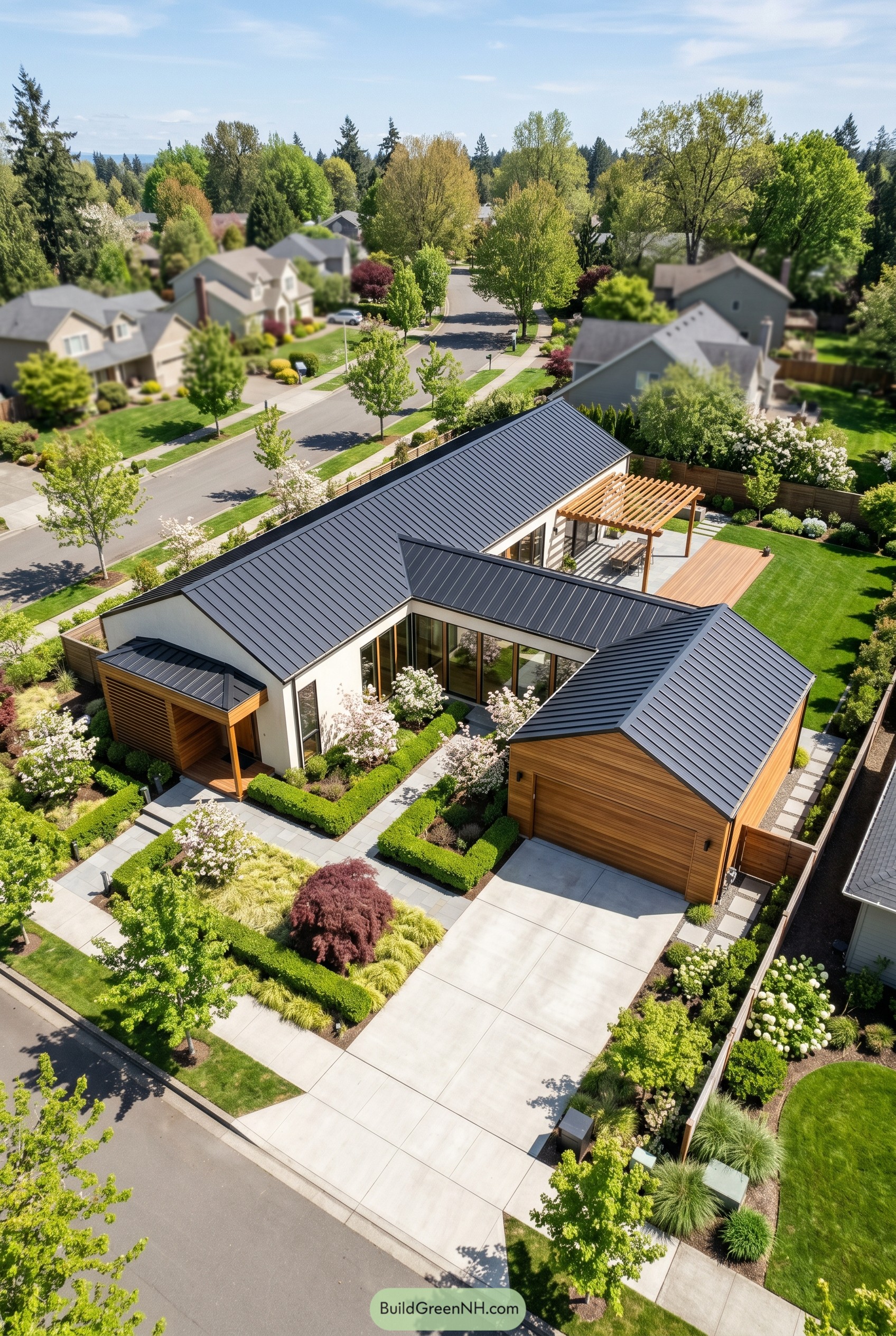 Single story modern house with black metal roof and wood accents