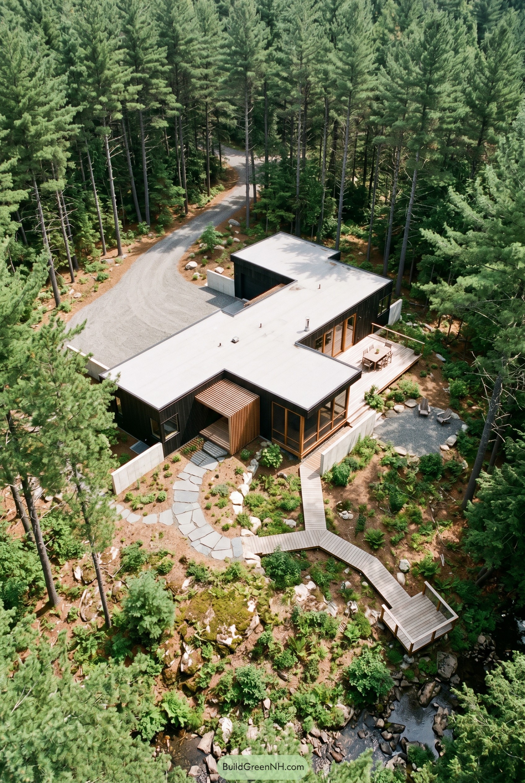 Aerial view of a black modern ranch with wood accents beside a creek
