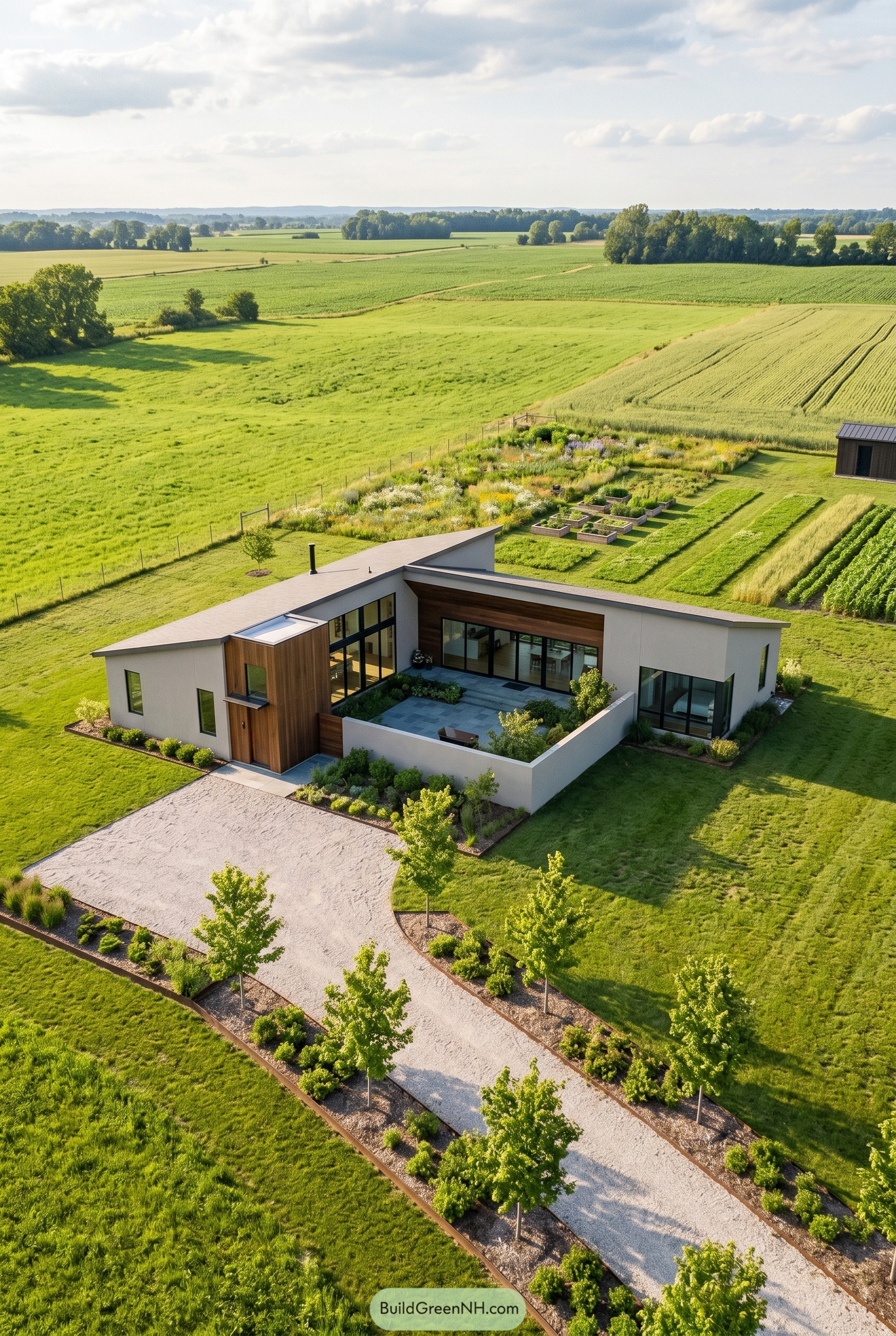 Single story modern house with wood entry and courtyard