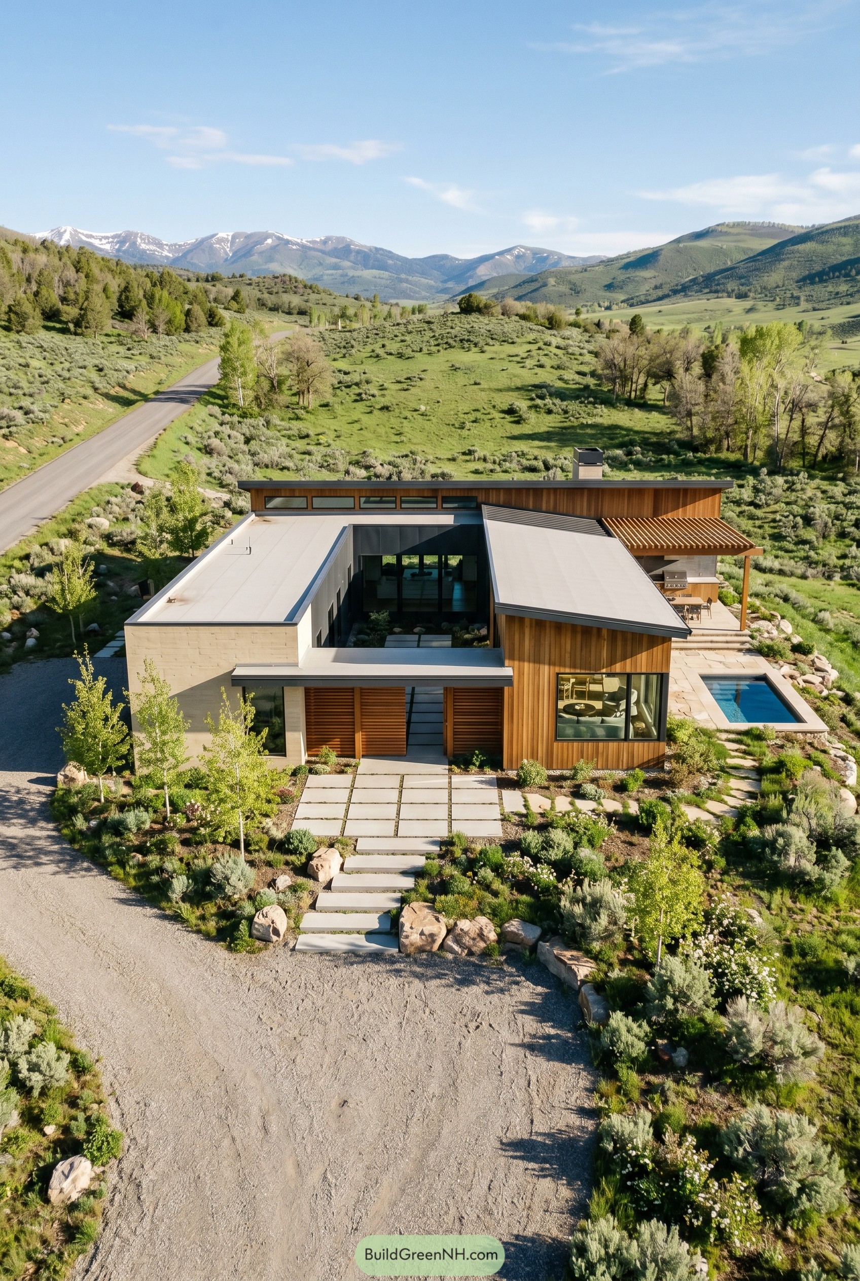 Single story courtyard home with cedar siding and pool