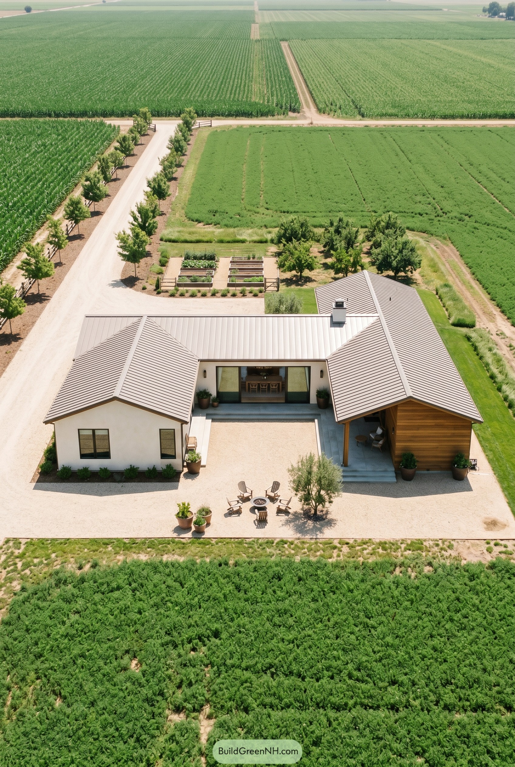 Single story modern home with wood accent wing and courtyard in farmland