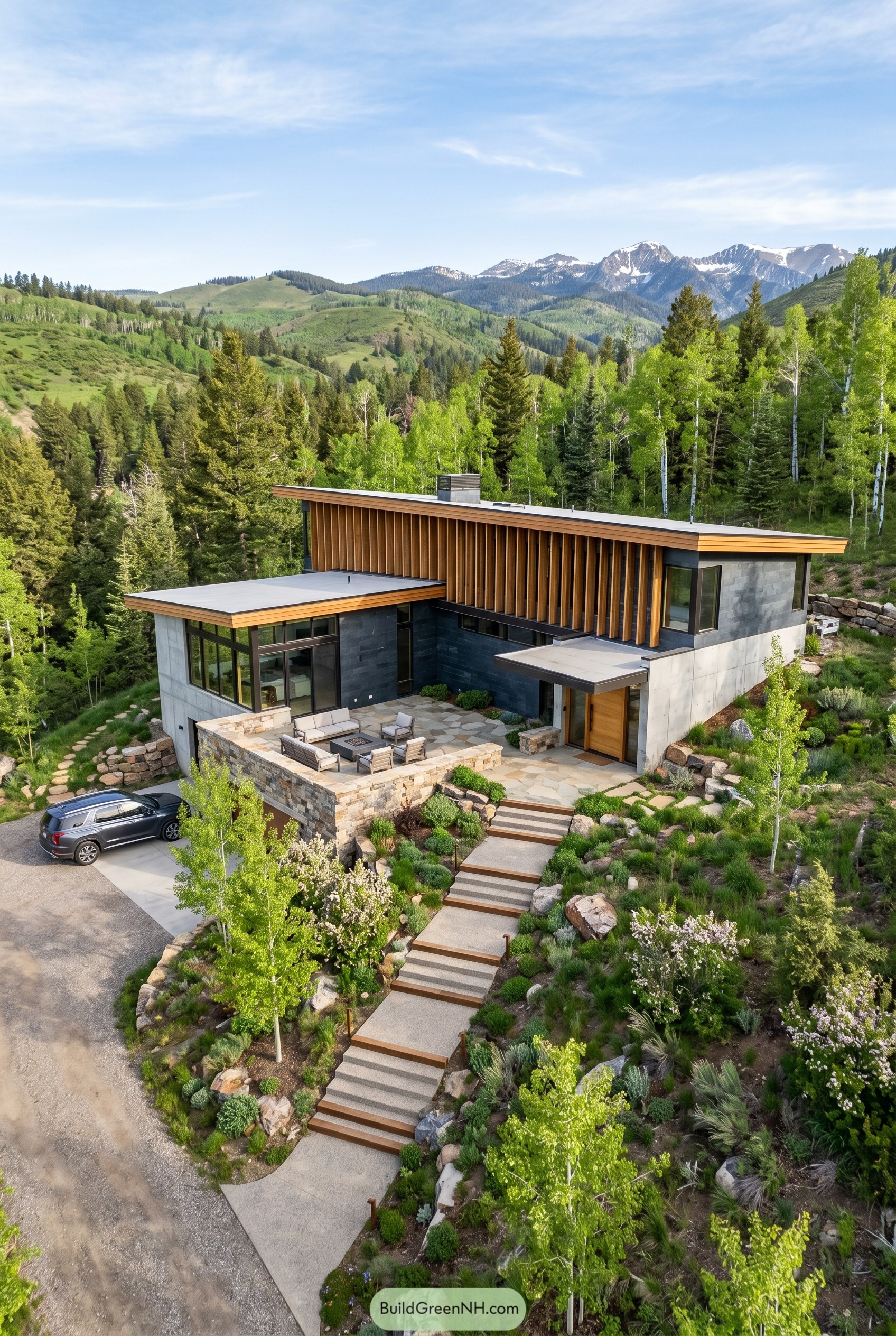 Modern hillside home with wood slats and stone terrace
