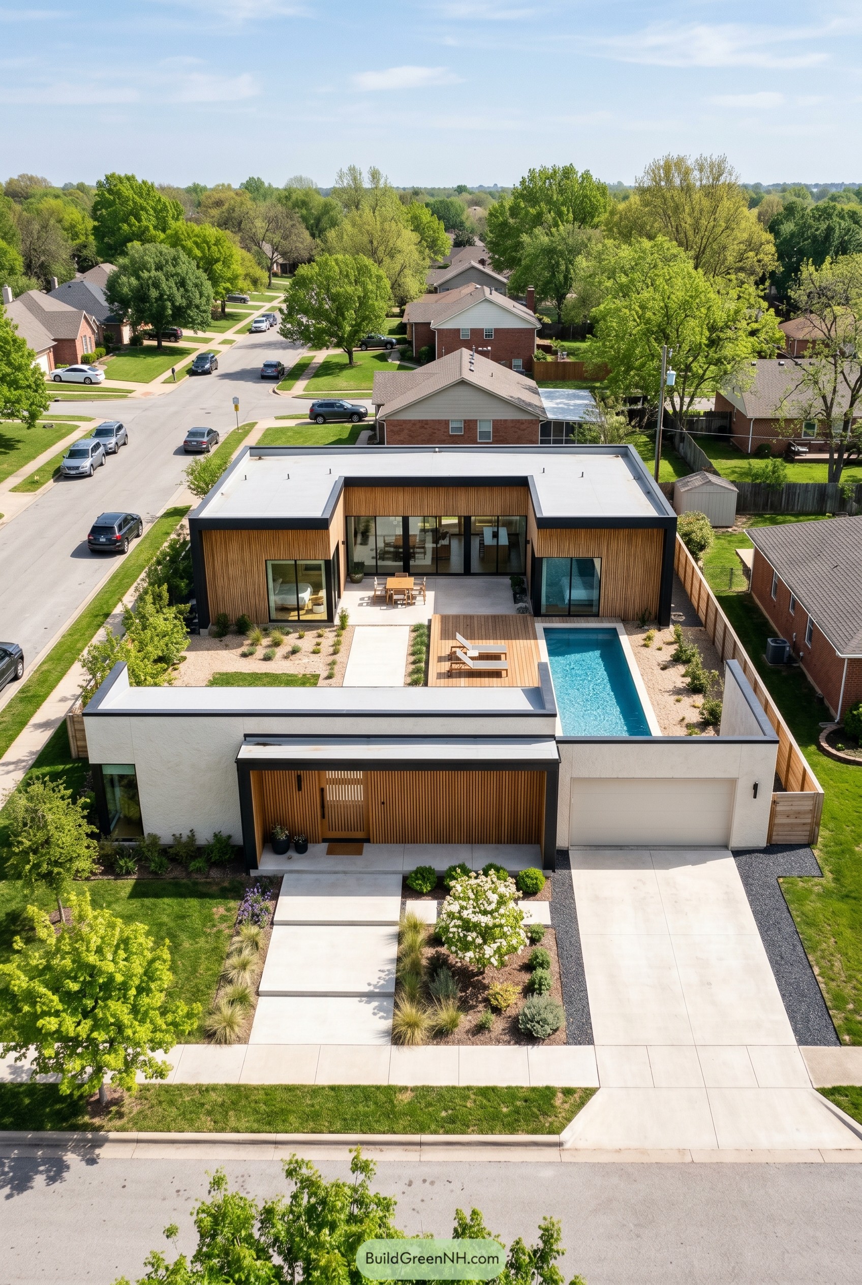 Single story modern home with wood slats and courtyard pool