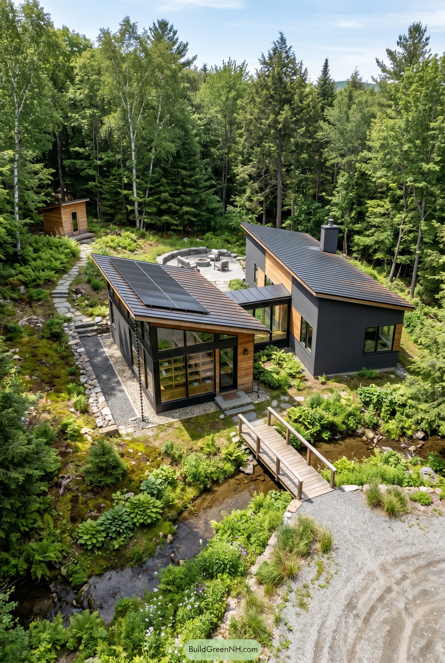 Black modern house with wood accents by a creek