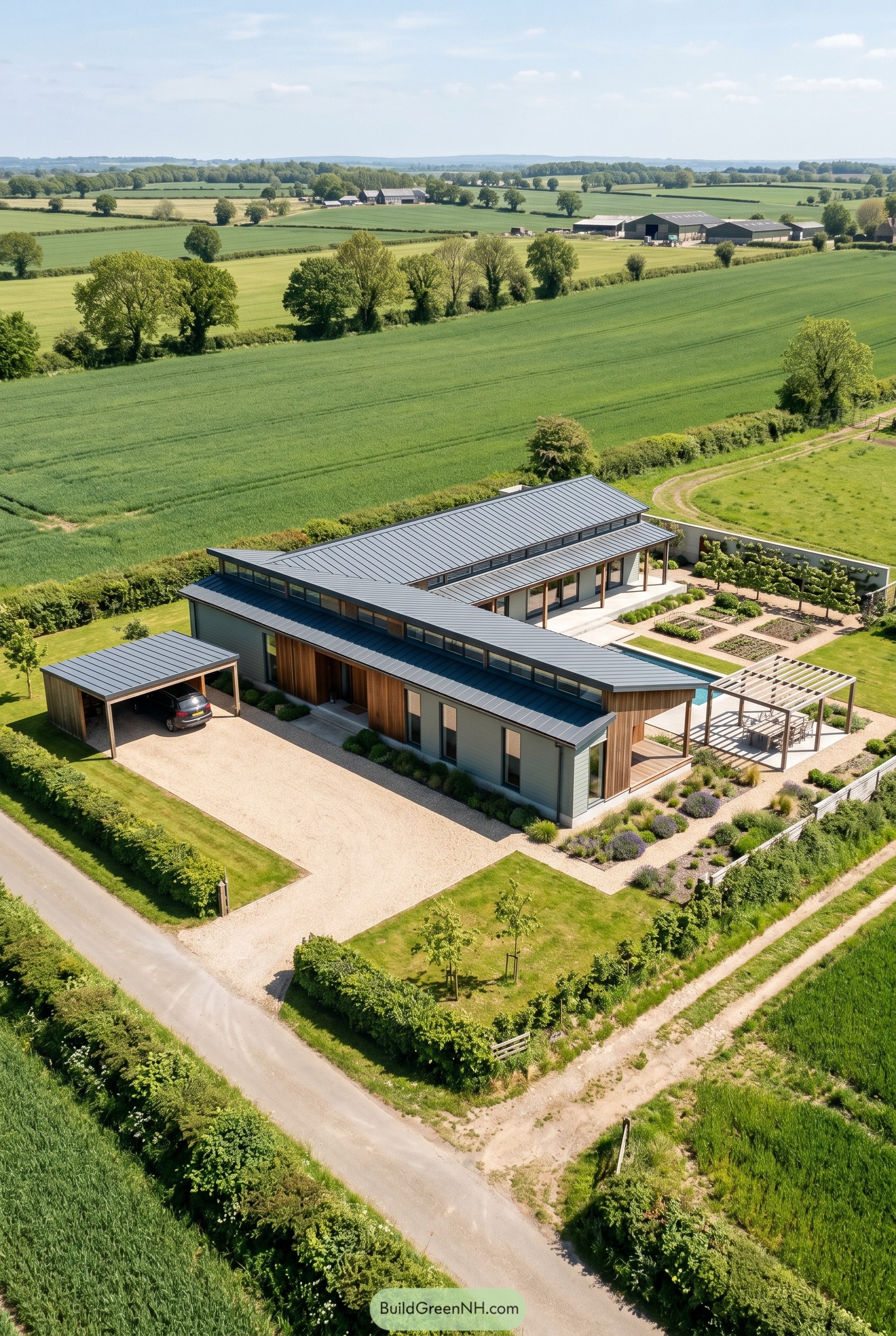 Single story modern farmhouse with wood accents and clerestory roof