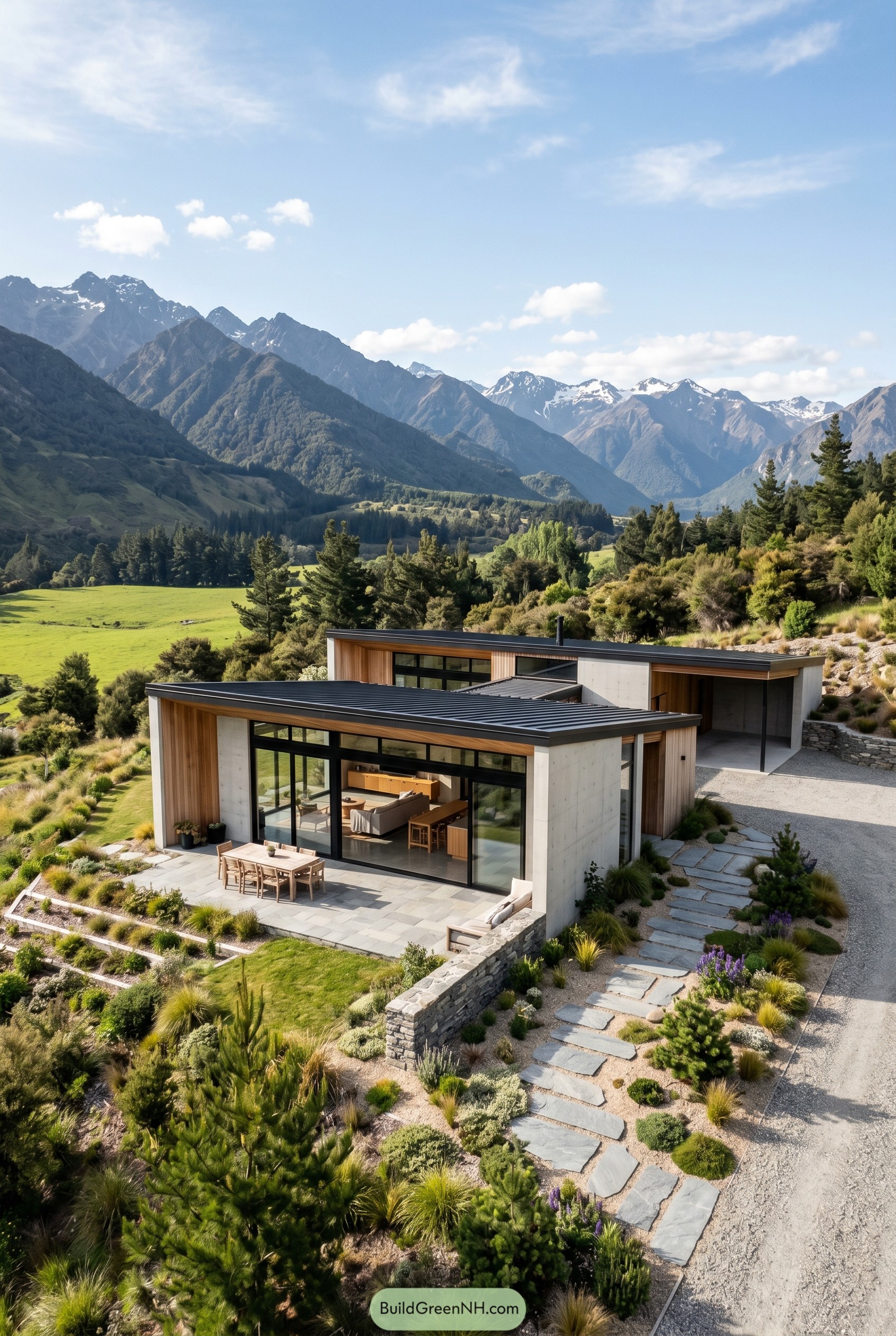 Modern single story house with wood accents and mountain view