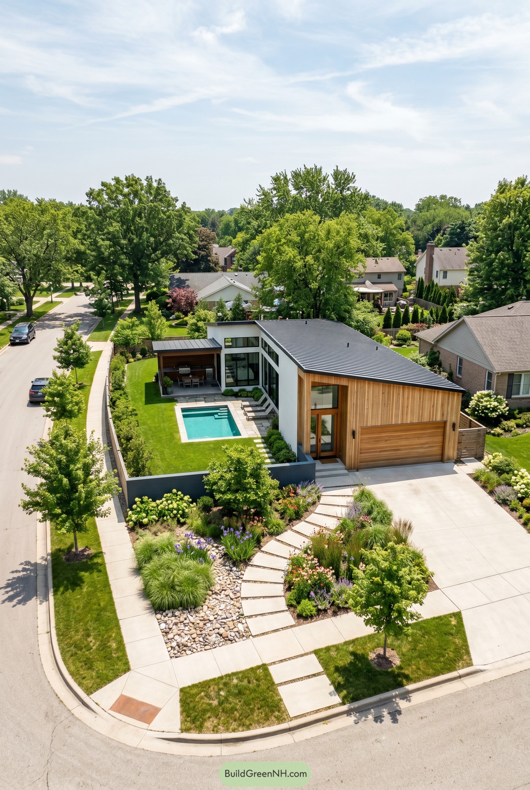 Aerial view of modern house with wood garage and courtyard pool