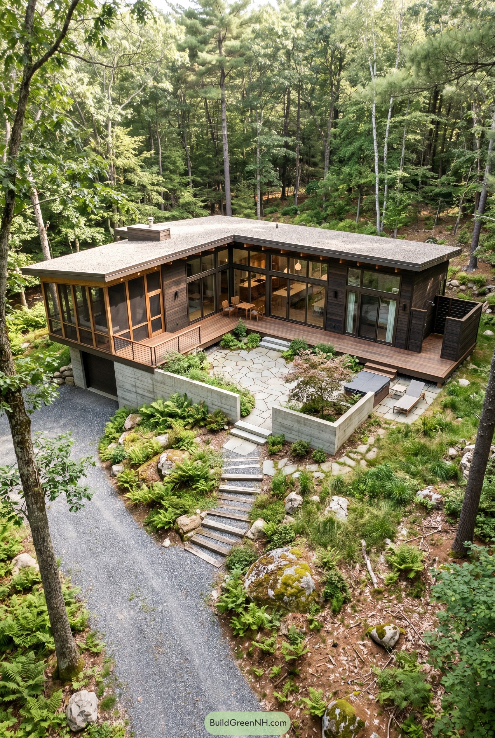 Single story wood accented home in woods