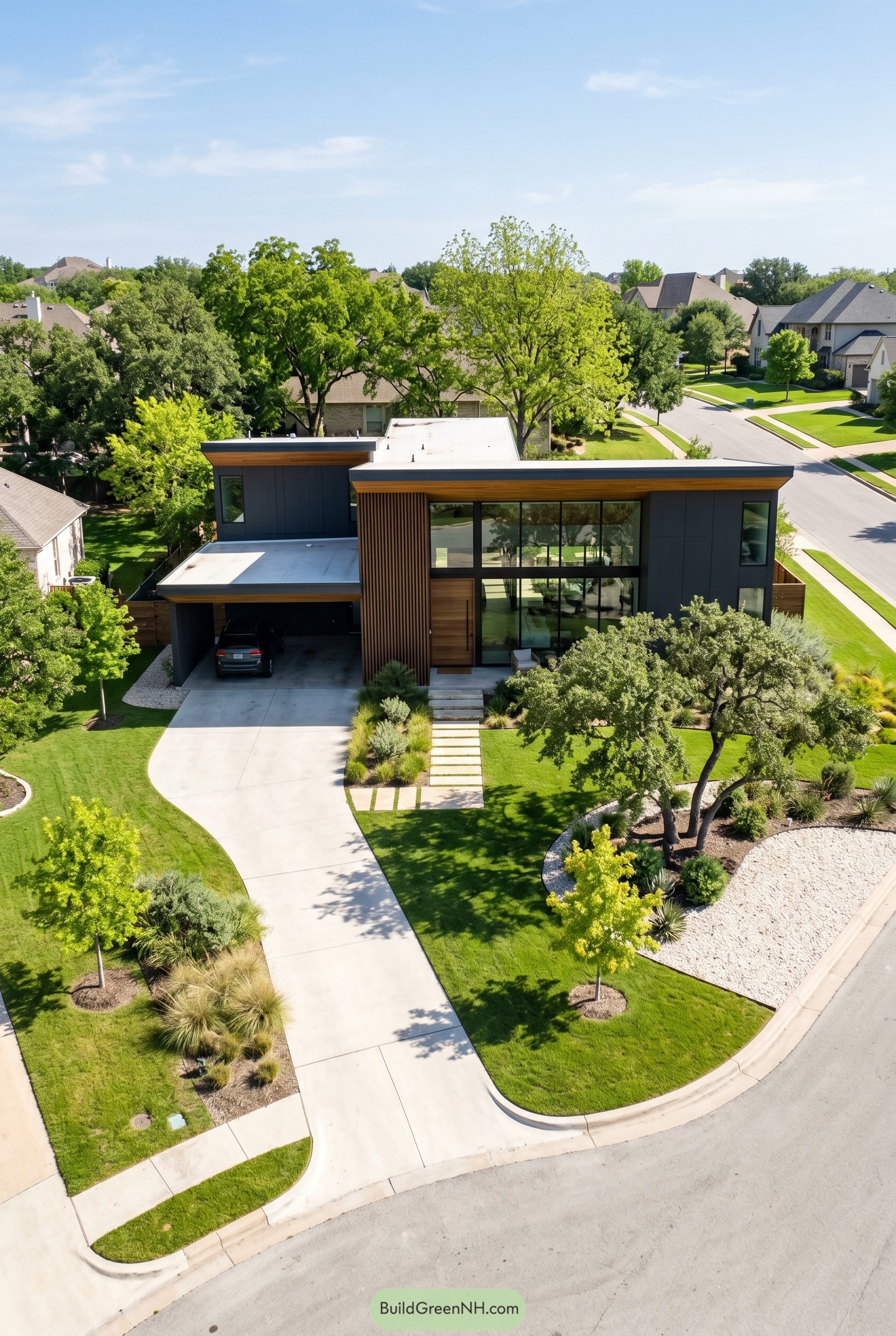 Modern home with wood slat entry and carport