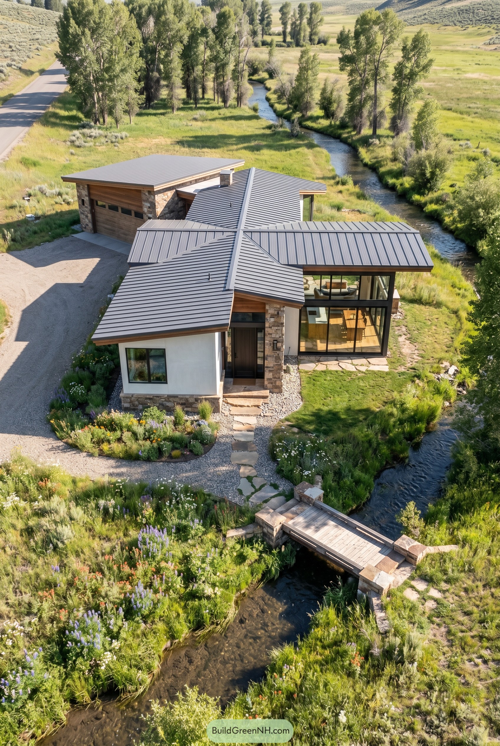 Modern one story home with garage beside a winding creek