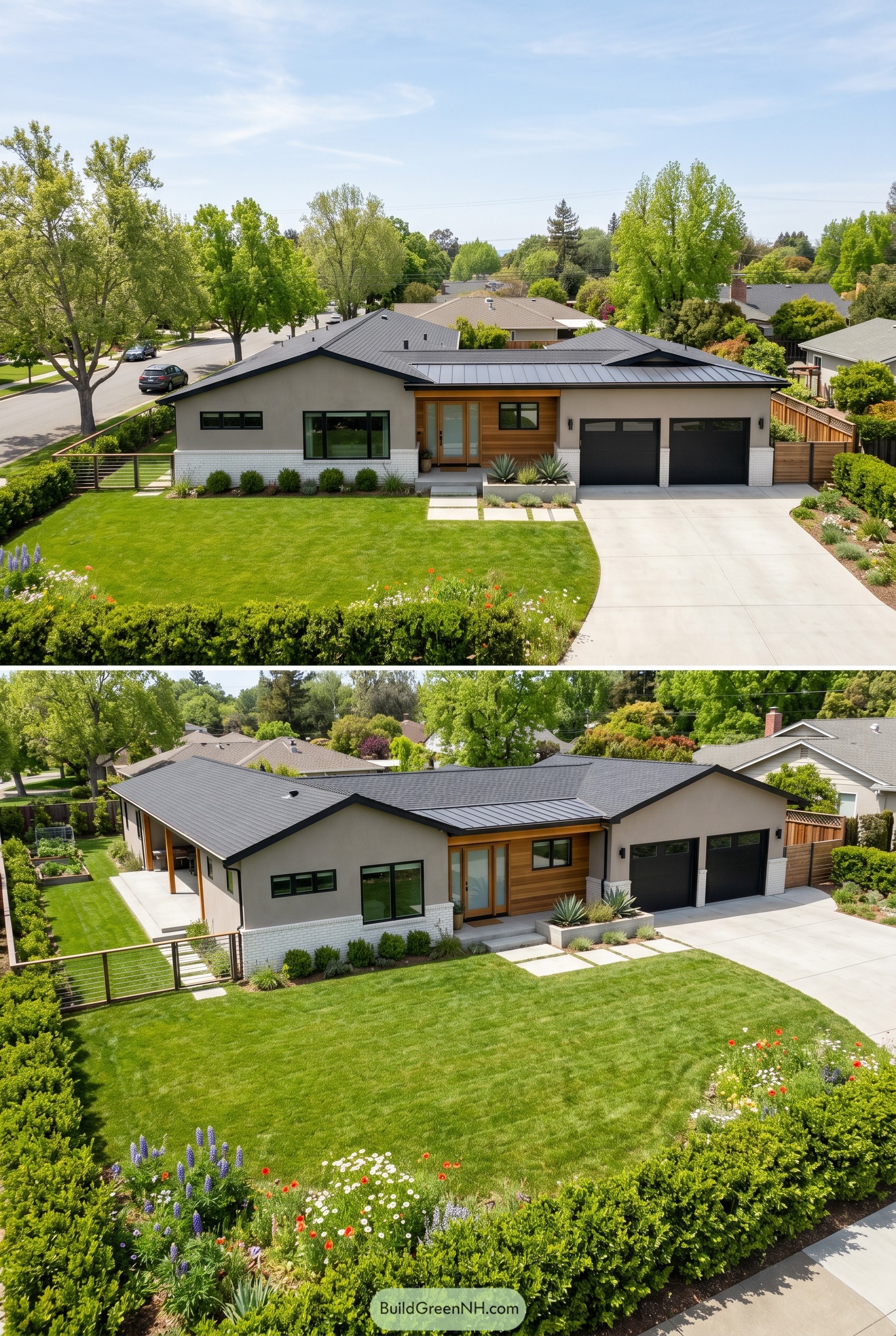 Single story modern ranch with two car garage