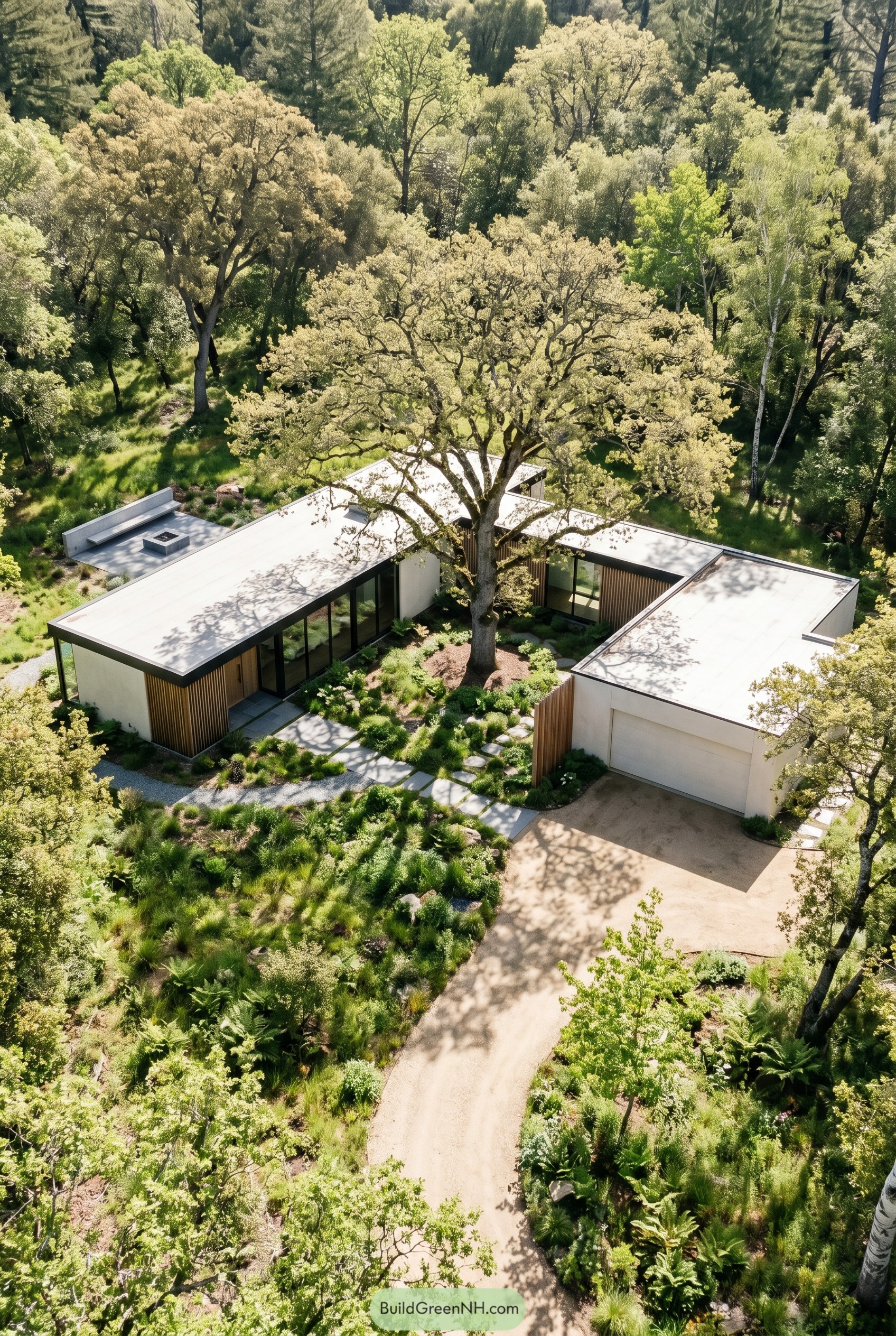 Modern courtyard home with side garage and central oak