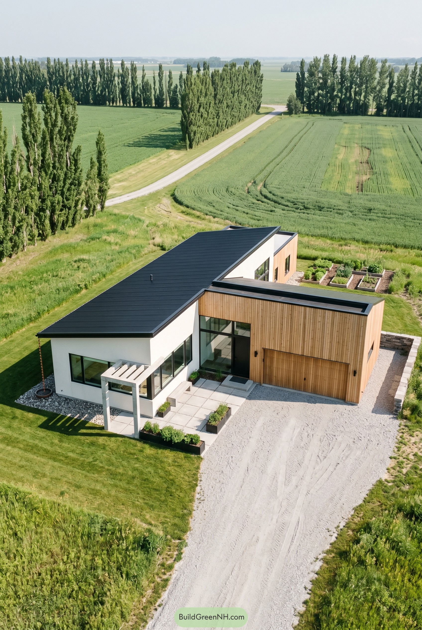 Single story modern house with garage in open farmland