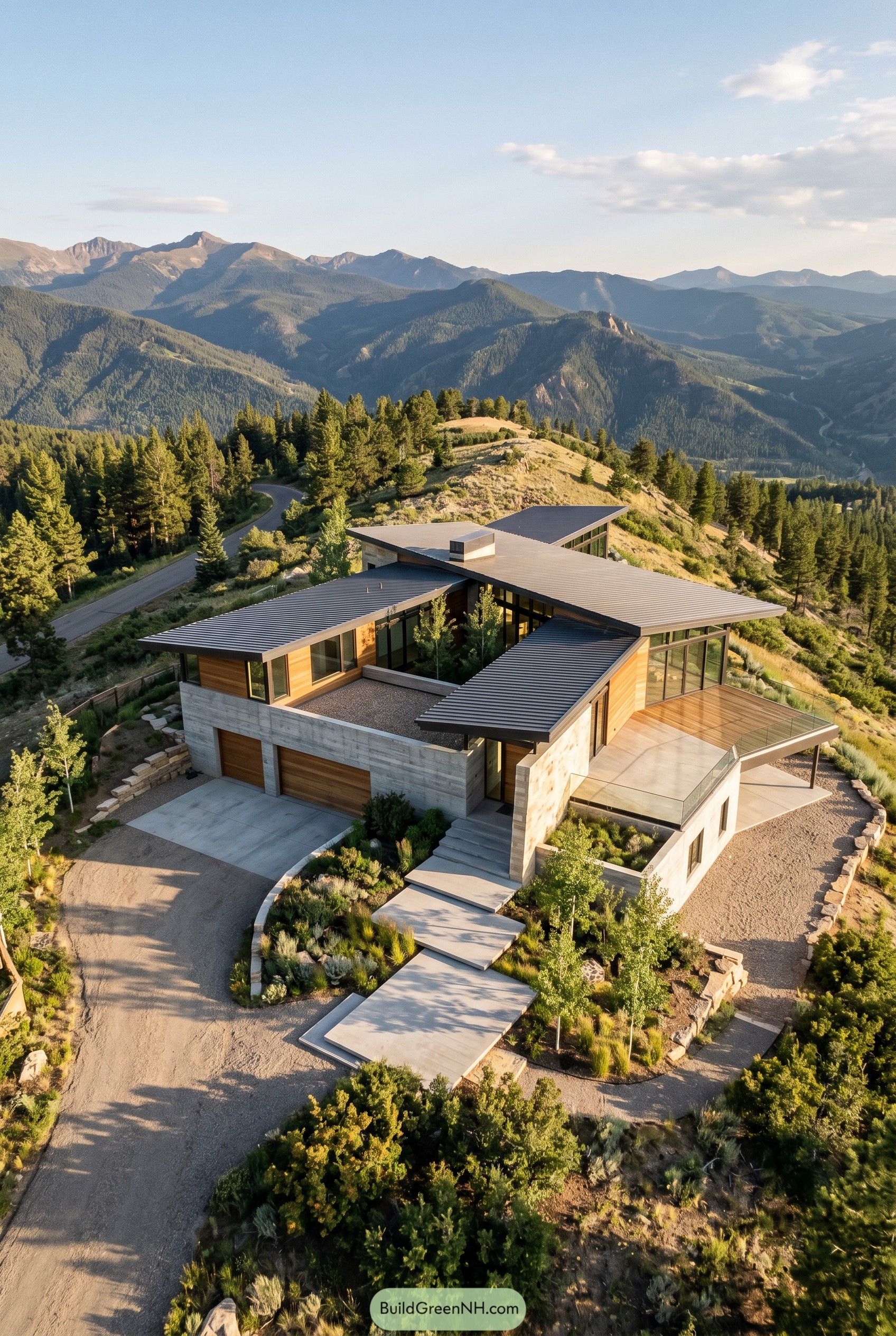 Modern hillside house with three car garage and mountain views