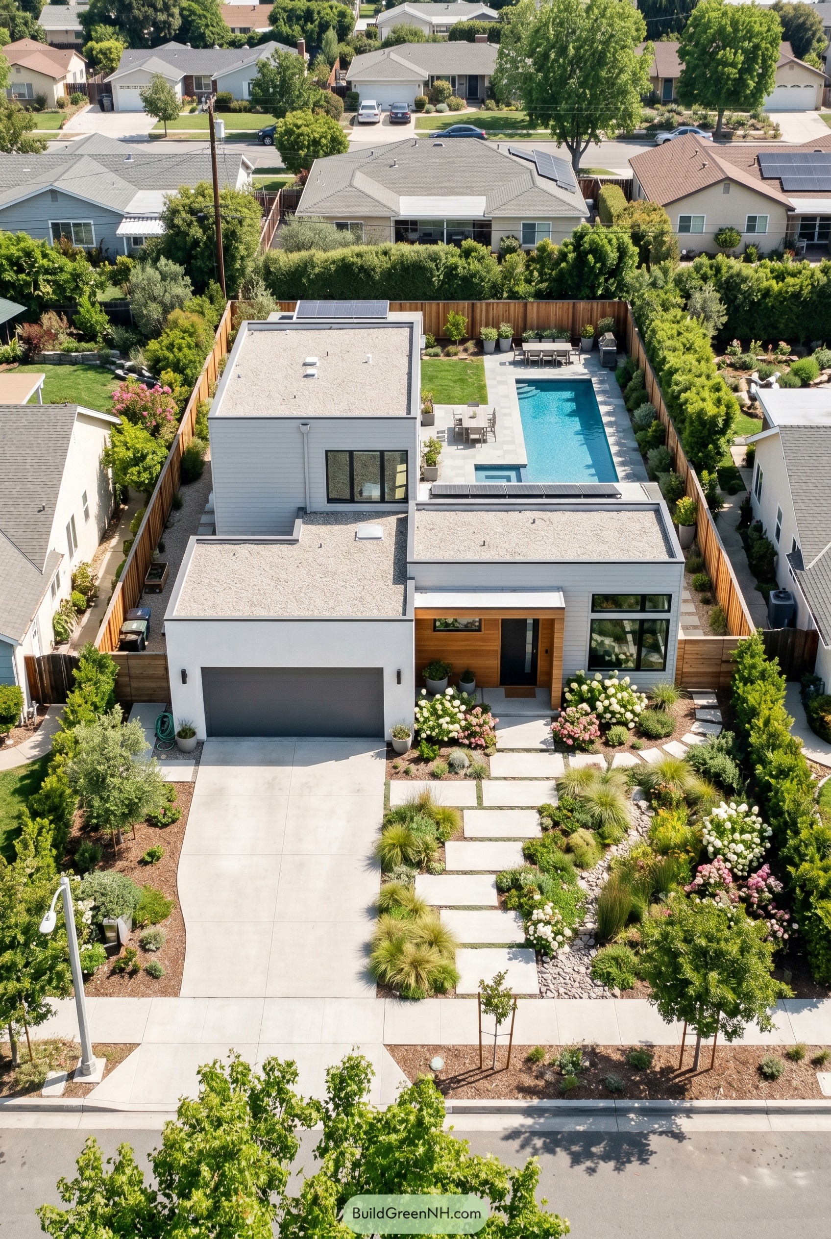 Aerial view of a flat roof modern house with garage and backyard pool