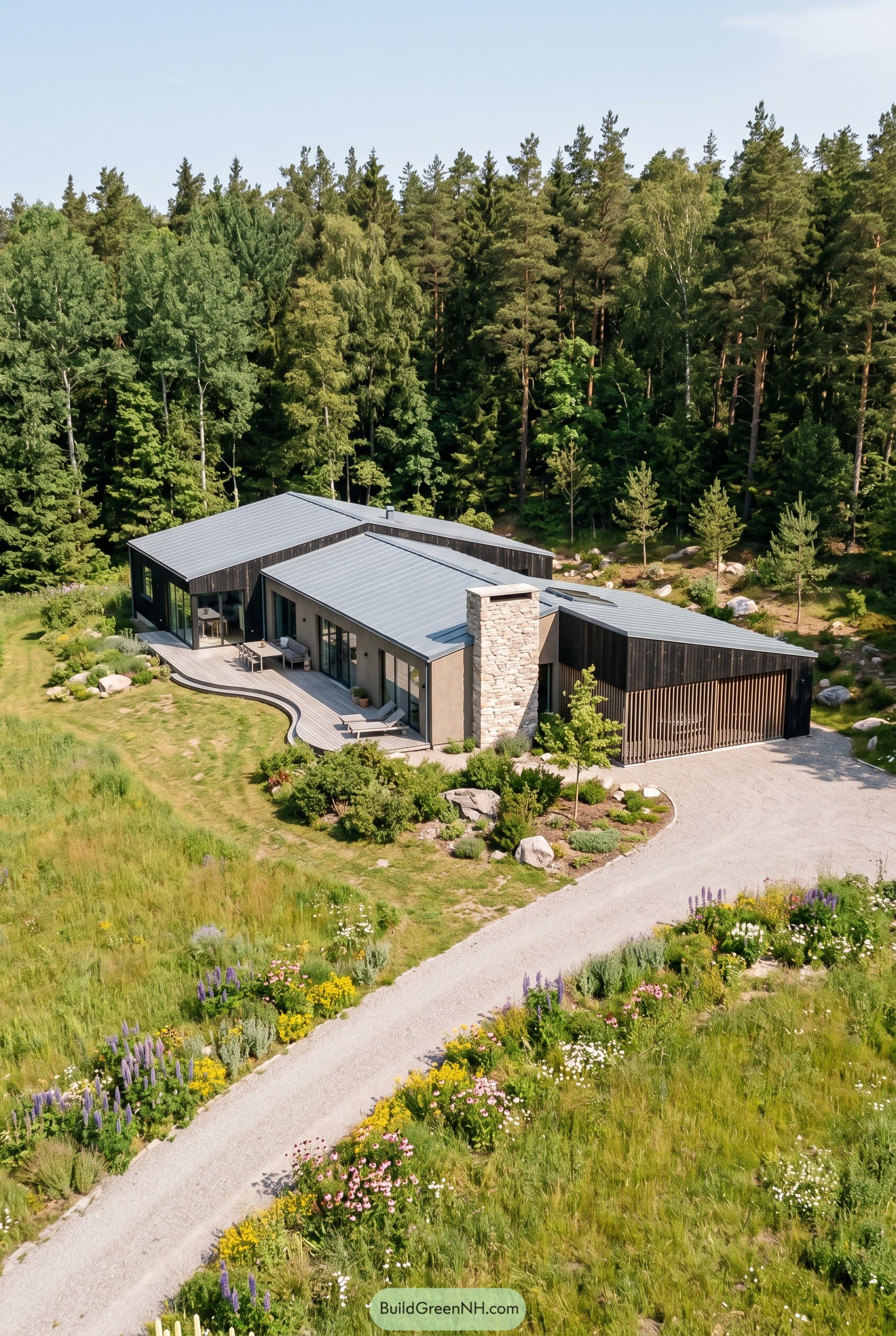 Single story modern house with garage beside forest
