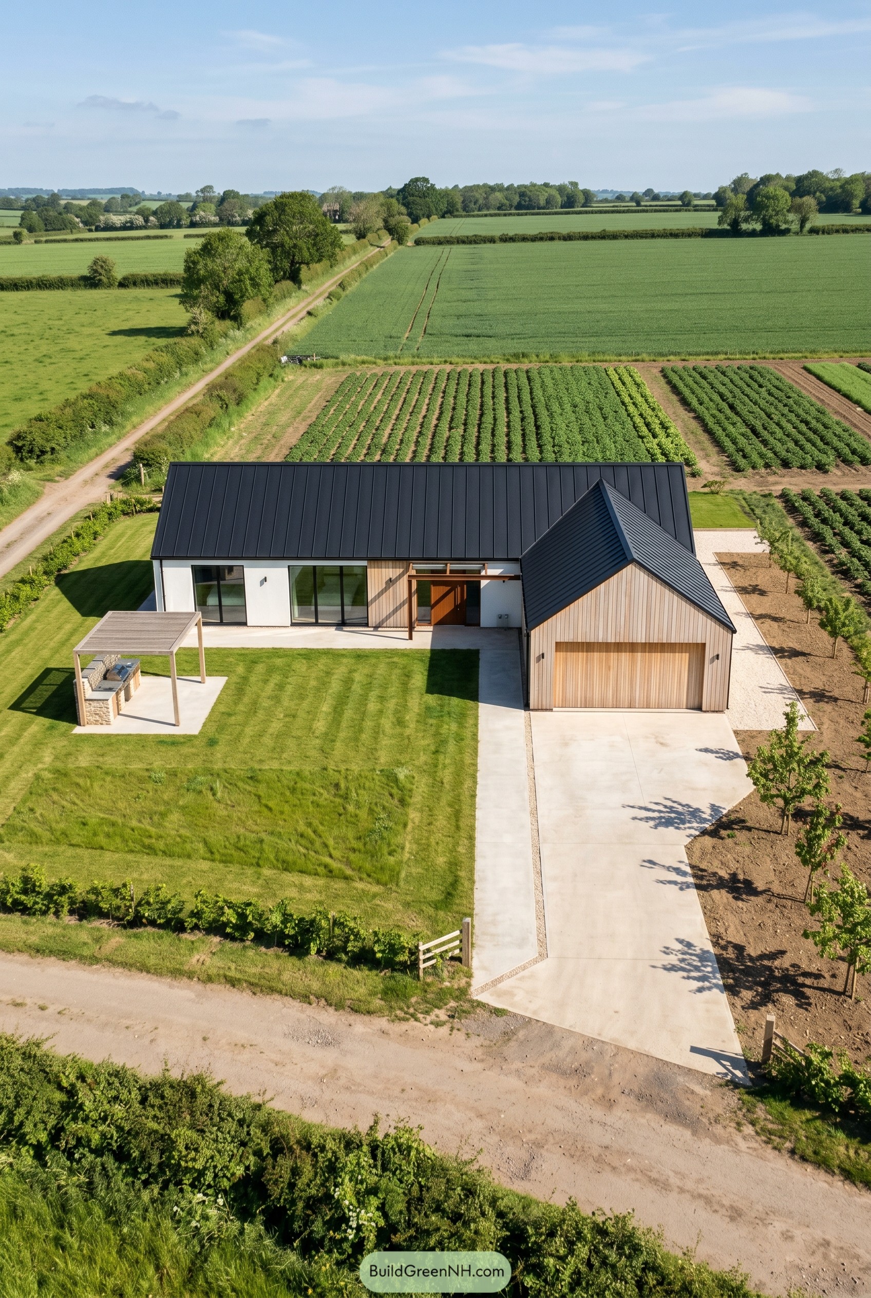 Single story modern house with attached gabled garage in open farmland