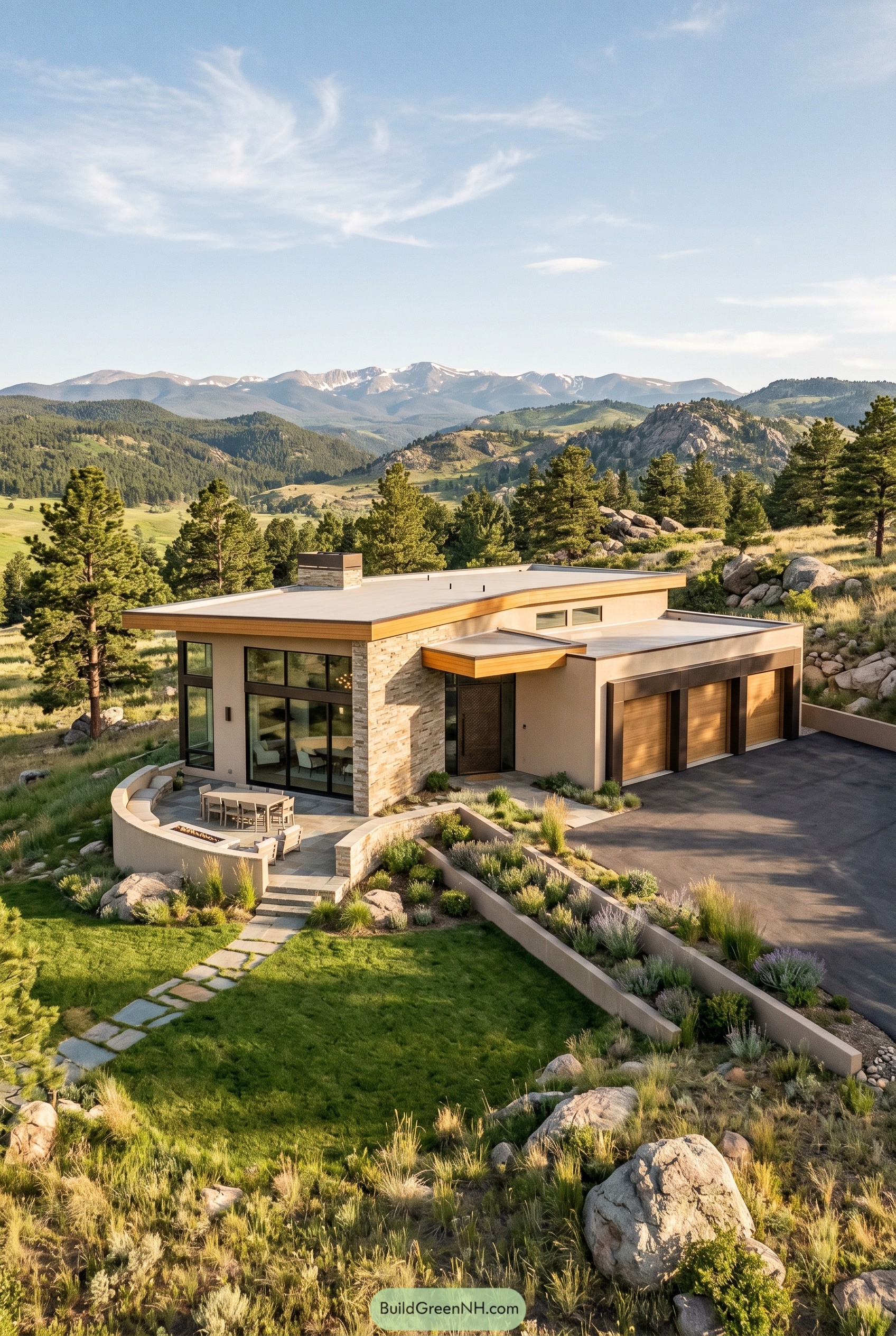 Modern hillside house with three car garage