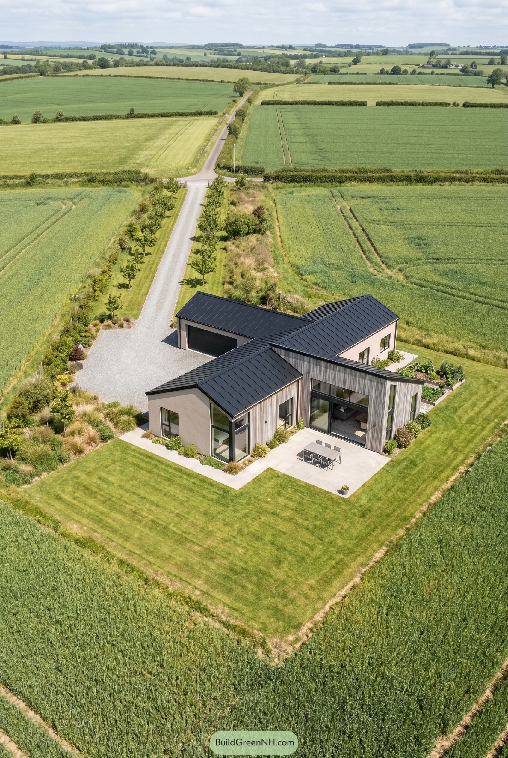 Single story modern house with garage in open fields