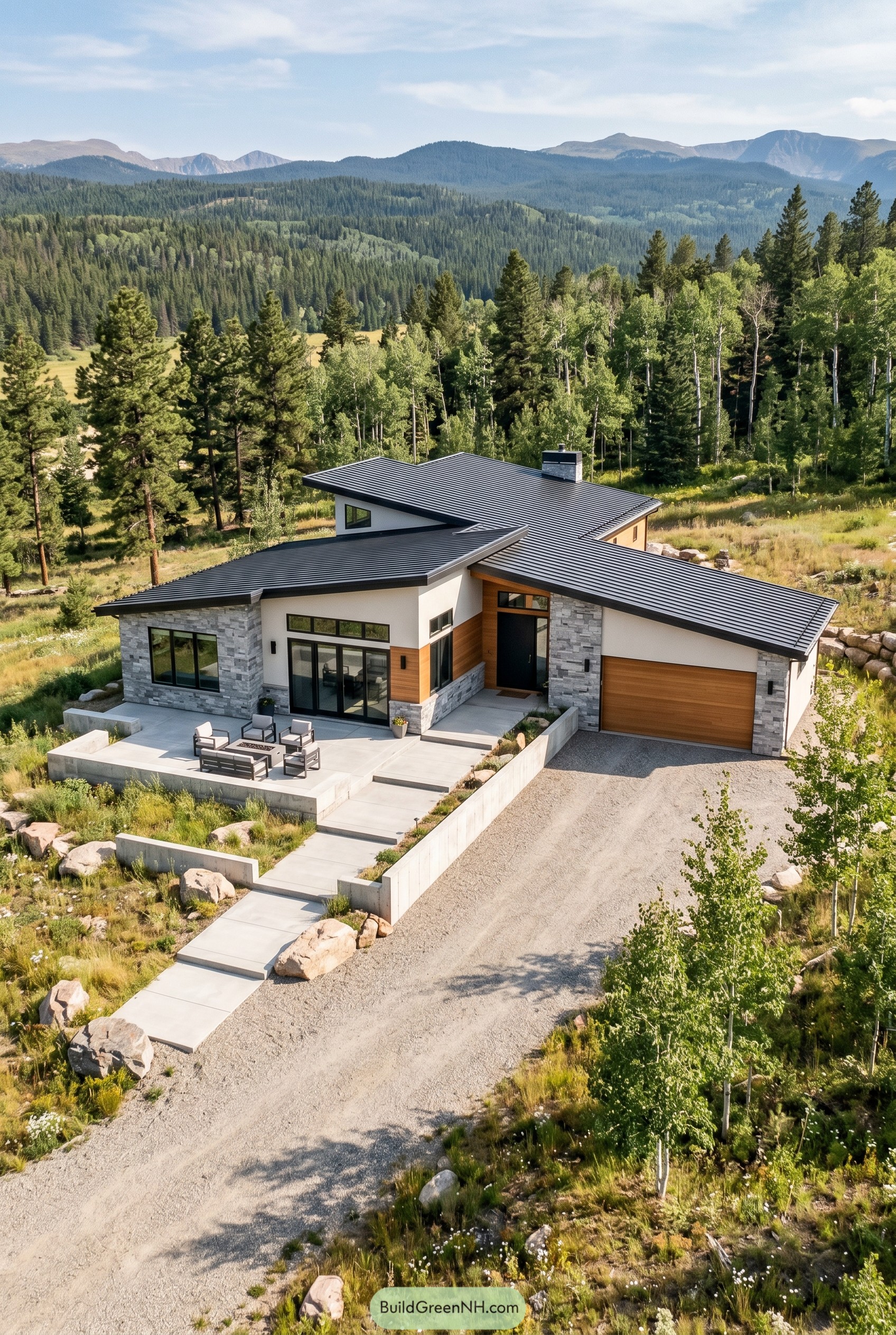 Modern single story house with garage in a mountain forest