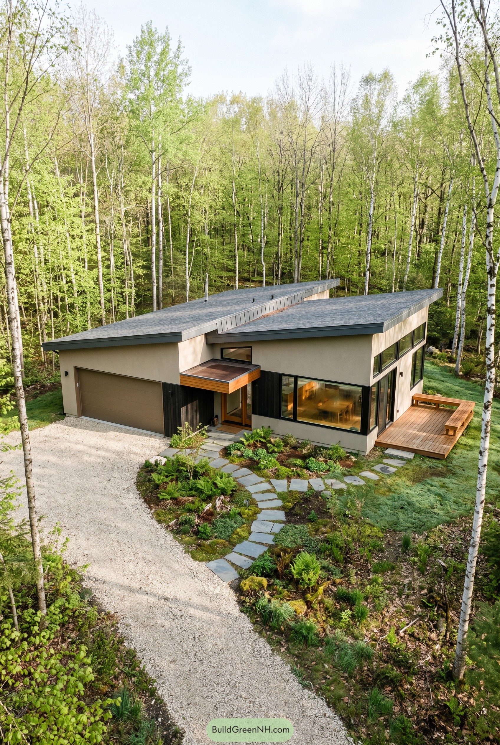 Modern single story house with garage in birch woods