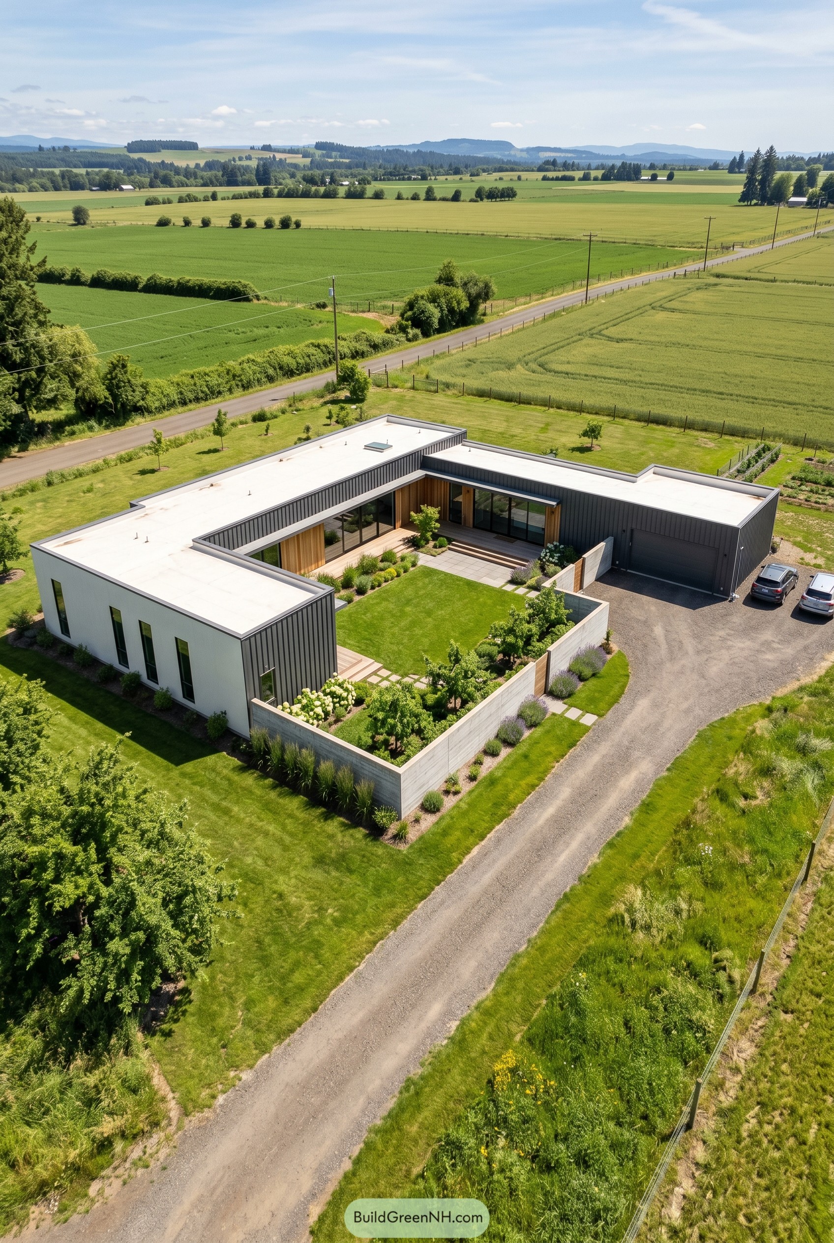 Single story modern courtyard house with garage