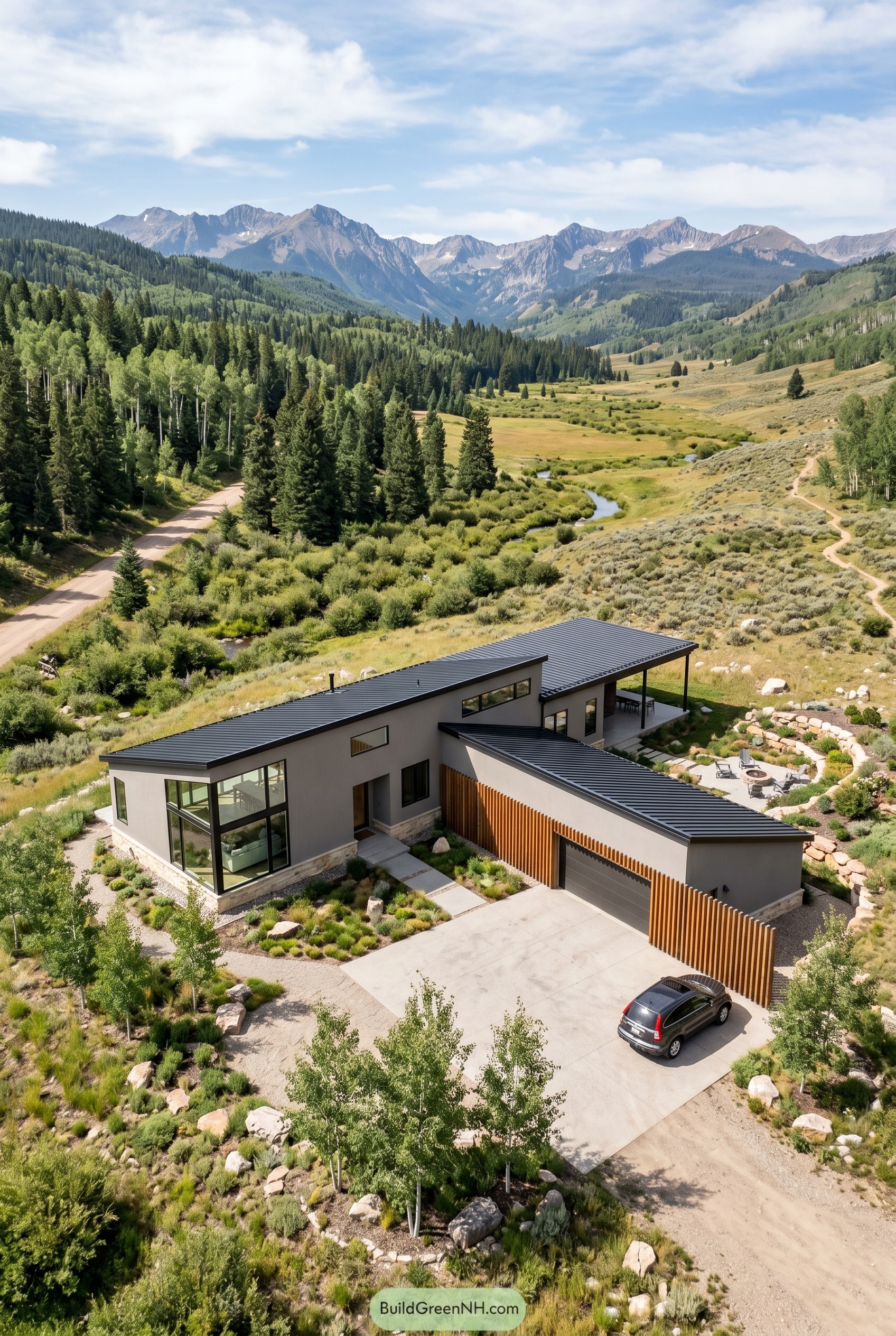 Single story modern house with garage in a mountain valley