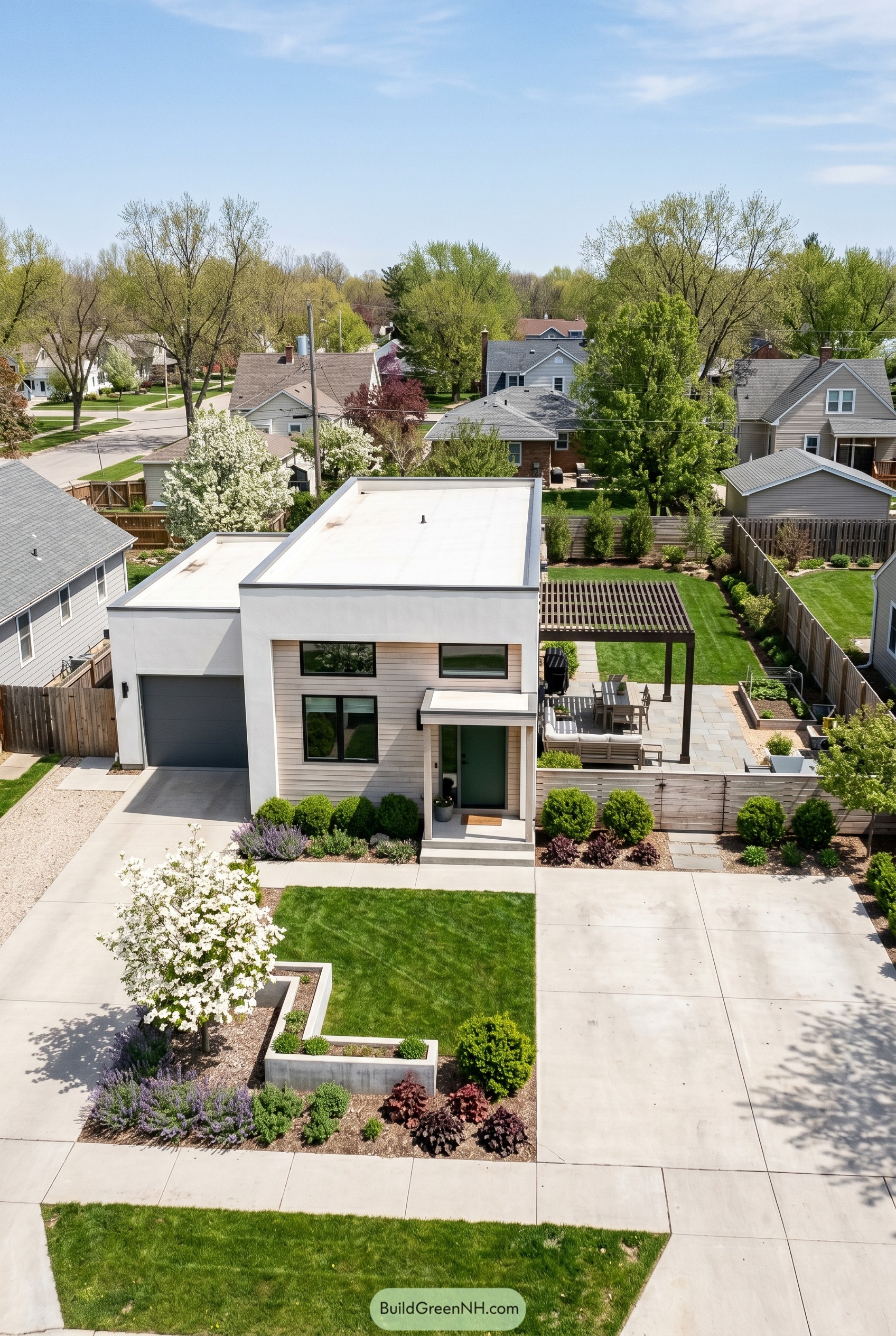 Modern flat roof home with garage and pergola patio